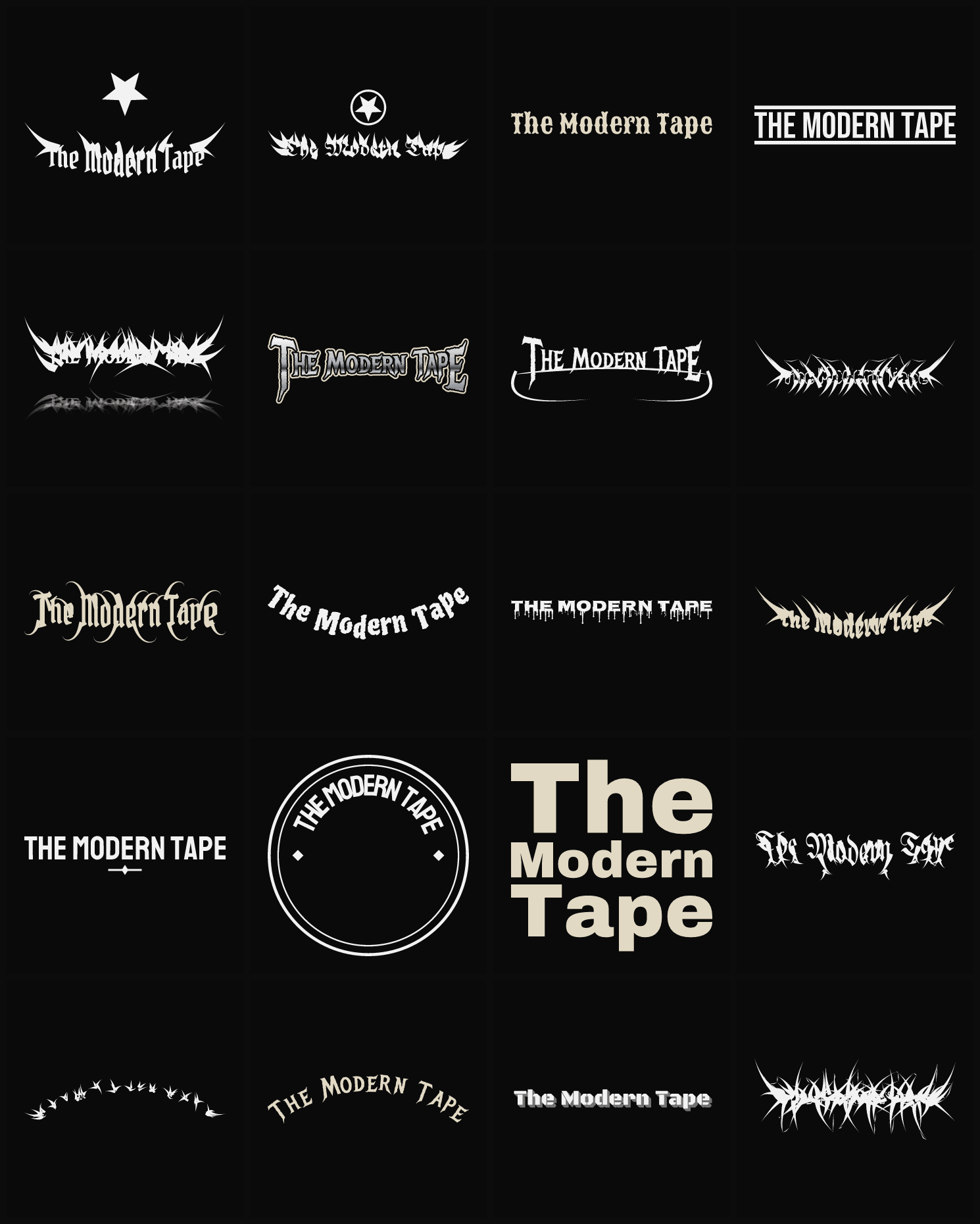 Twenty The Modern Tape band logo ideas — different faces, treatments and spike settings