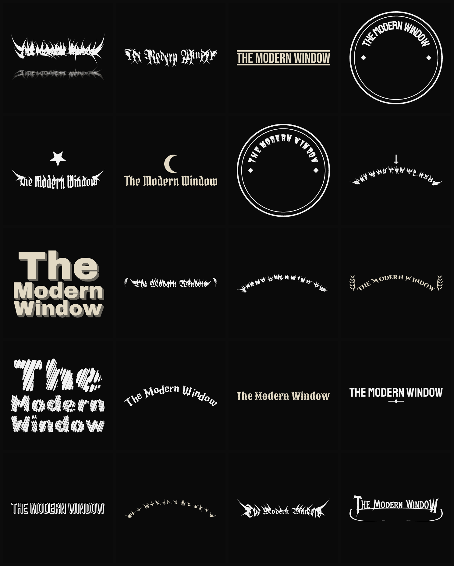 Twenty The Modern Window band logo ideas — different faces, treatments and spike settings