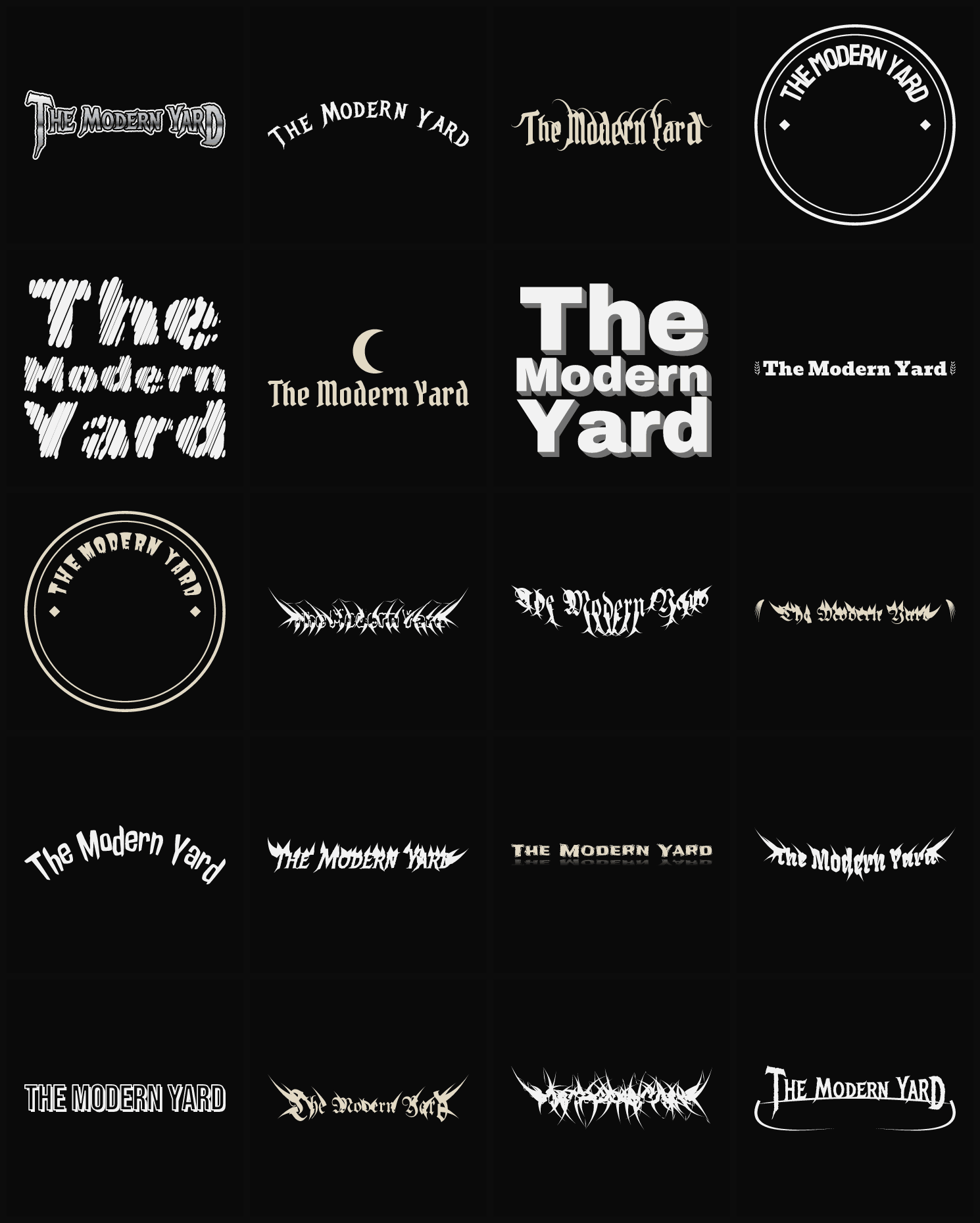 Twenty The Modern Yard band logo ideas — different faces, treatments and spike settings