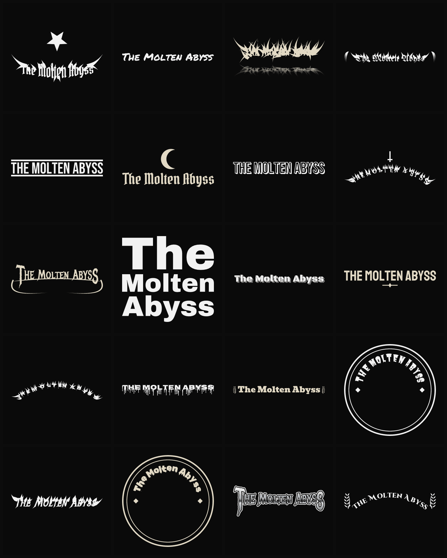 Twenty The Molten Abyss band logo ideas — different faces, treatments and spike settings