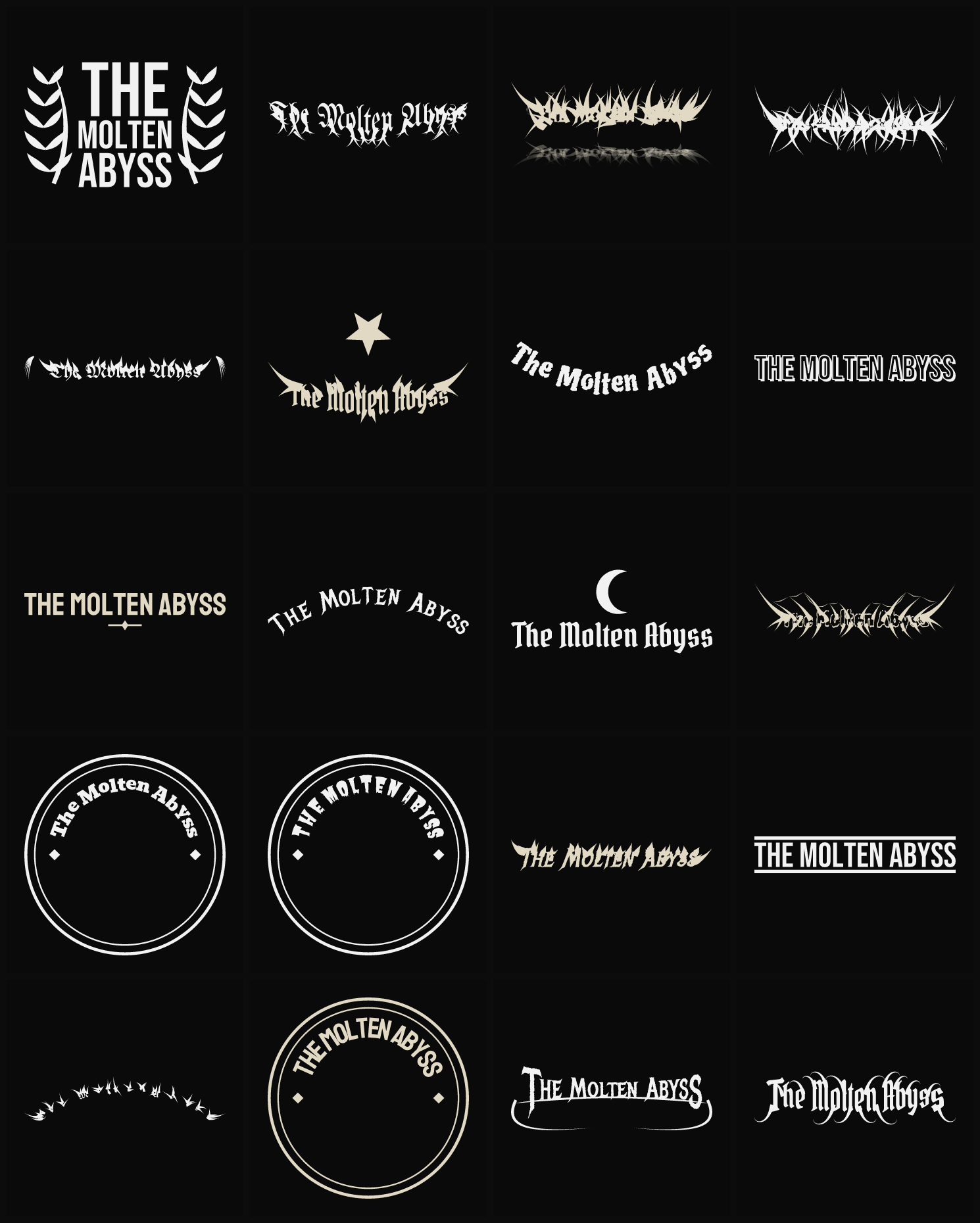Twenty The Molten Abyss band logo ideas — different faces, treatments and spike settings