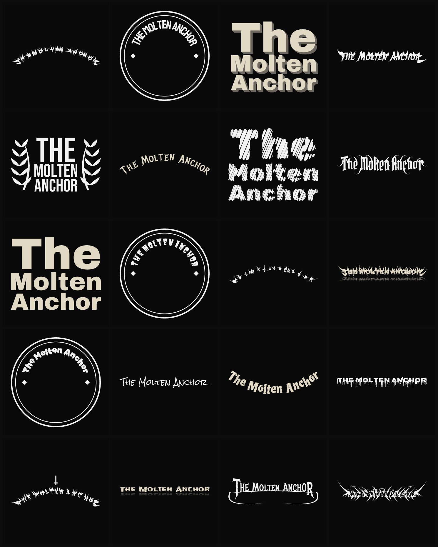 Twenty The Molten Anchor band logo ideas — different faces, treatments and spike settings