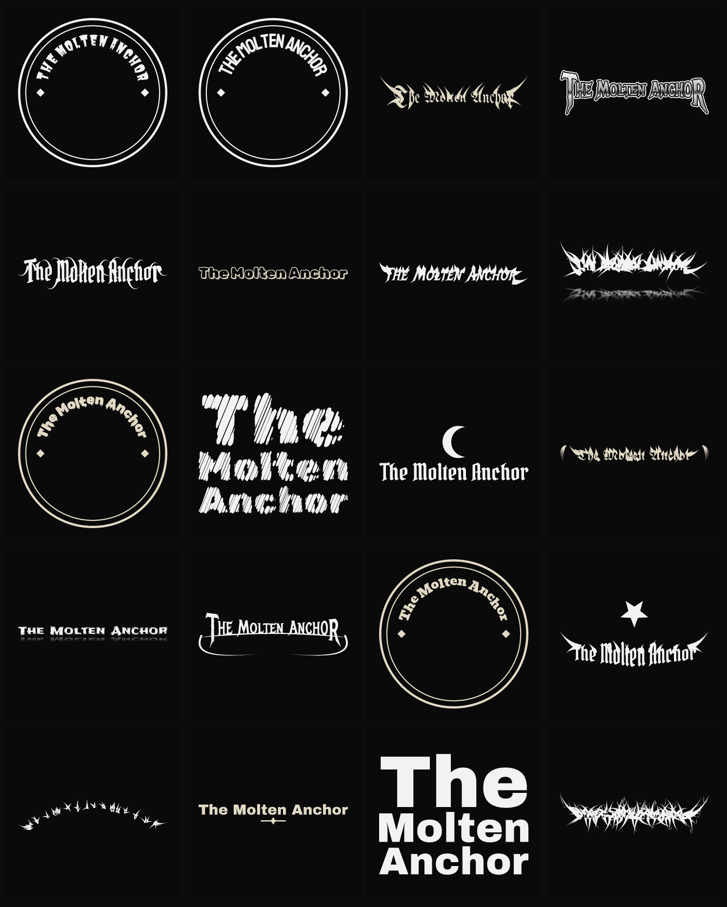 Twenty The Molten Anchor band logo ideas — different faces, treatments and spike settings