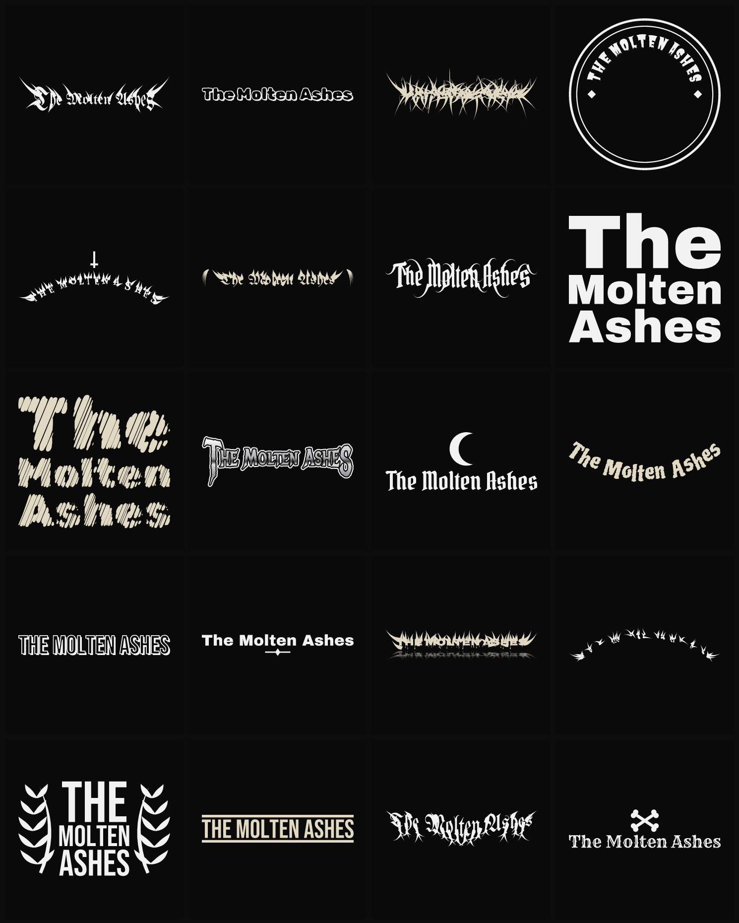 Twenty The Molten Ashes band logo ideas — different faces, treatments and spike settings