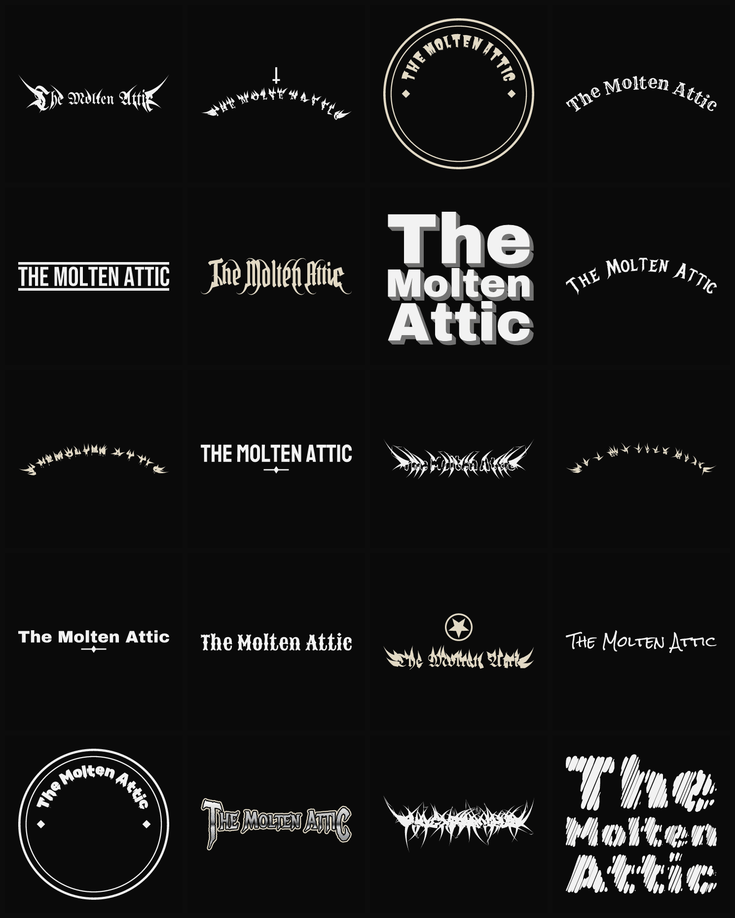 Twenty The Molten Attic band logo ideas — different faces, treatments and spike settings