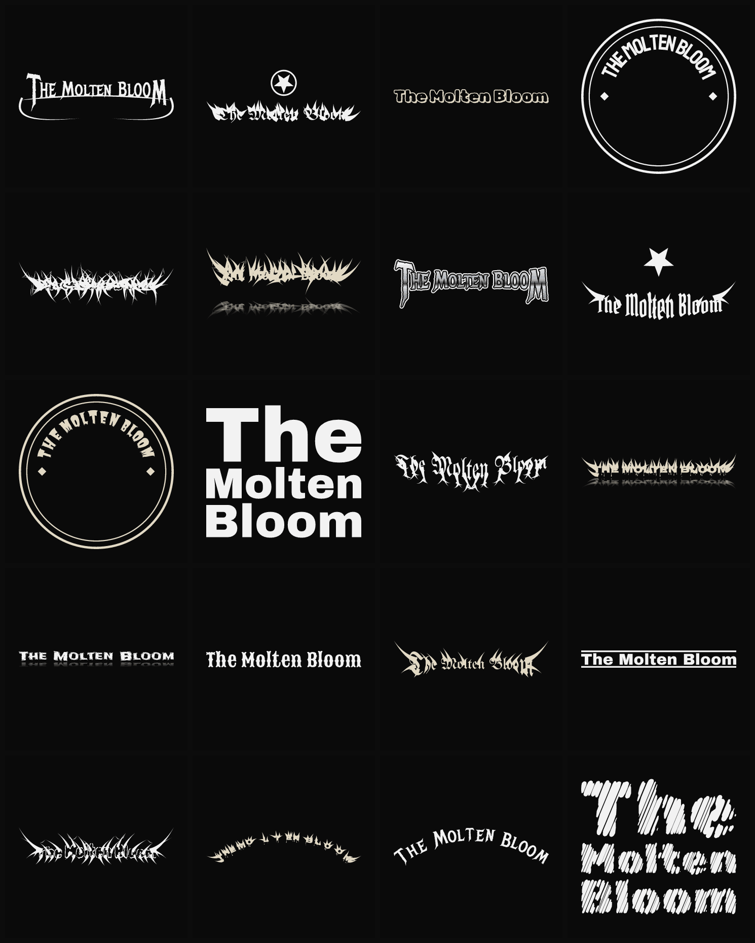 Twenty The Molten Bloom band logo ideas — different faces, treatments and spike settings