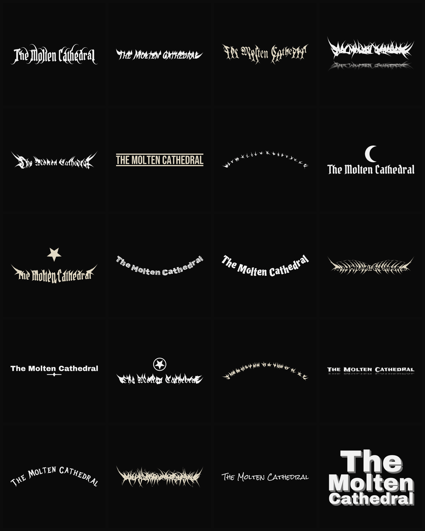 Twenty The Molten Cathedral band logo ideas — different faces, treatments and spike settings
