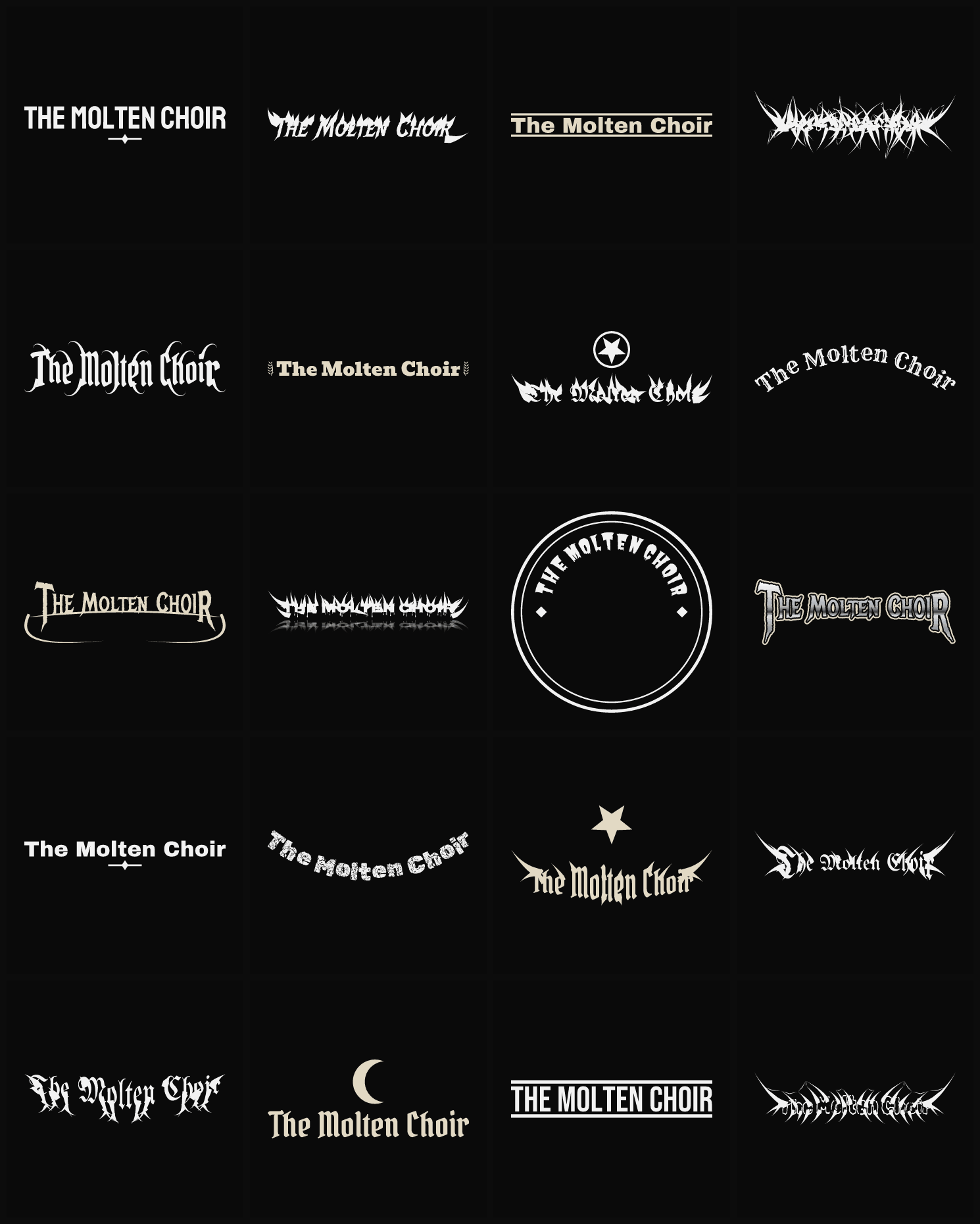 Twenty The Molten Choir band logo ideas — different faces, treatments and spike settings