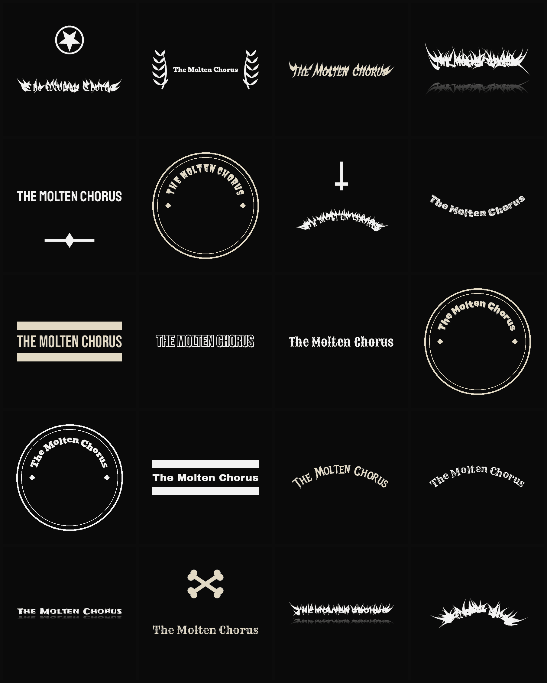 Twenty The Molten Chorus band logo ideas — different faces, treatments and spike settings