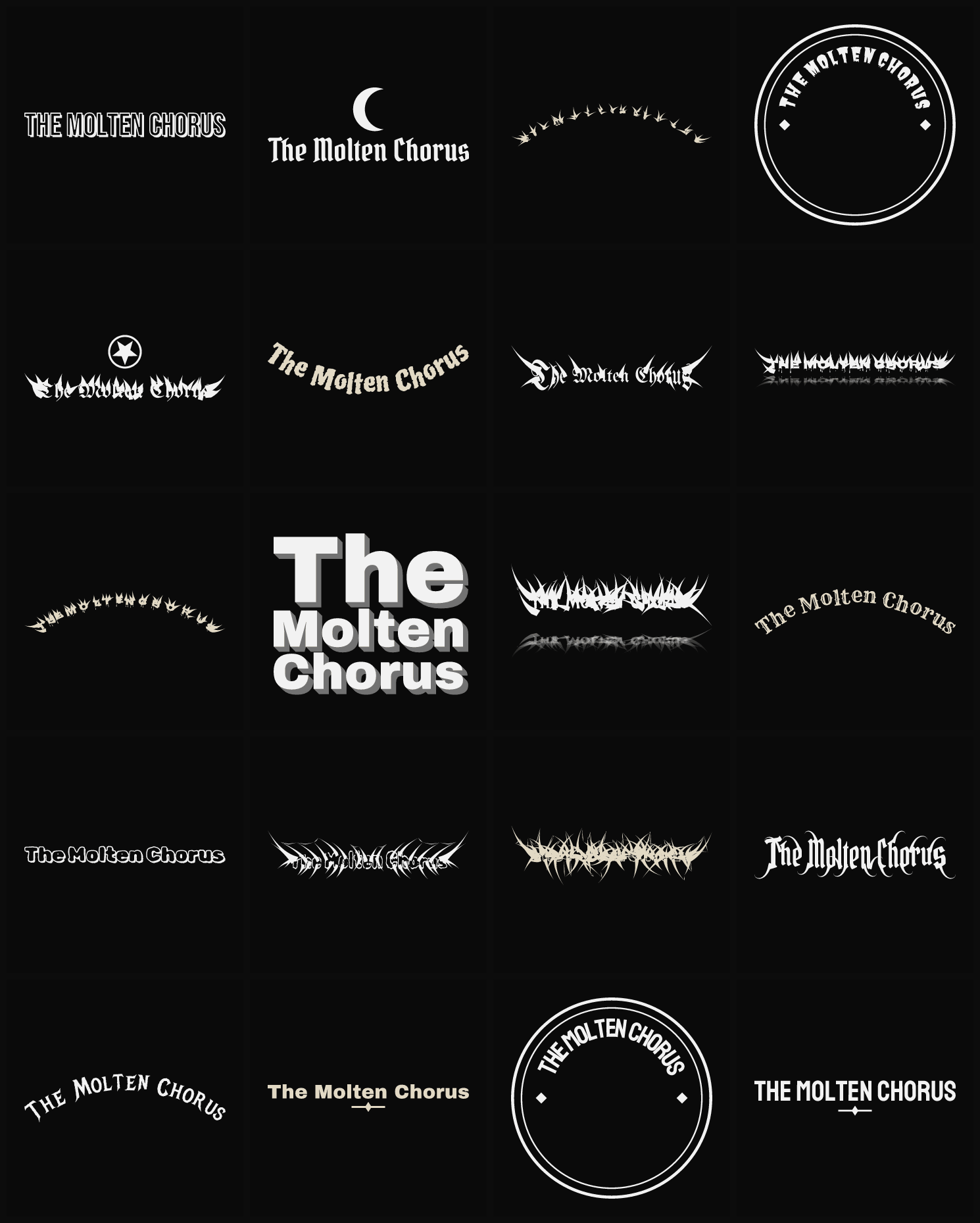 Twenty The Molten Chorus band logo ideas — different faces, treatments and spike settings