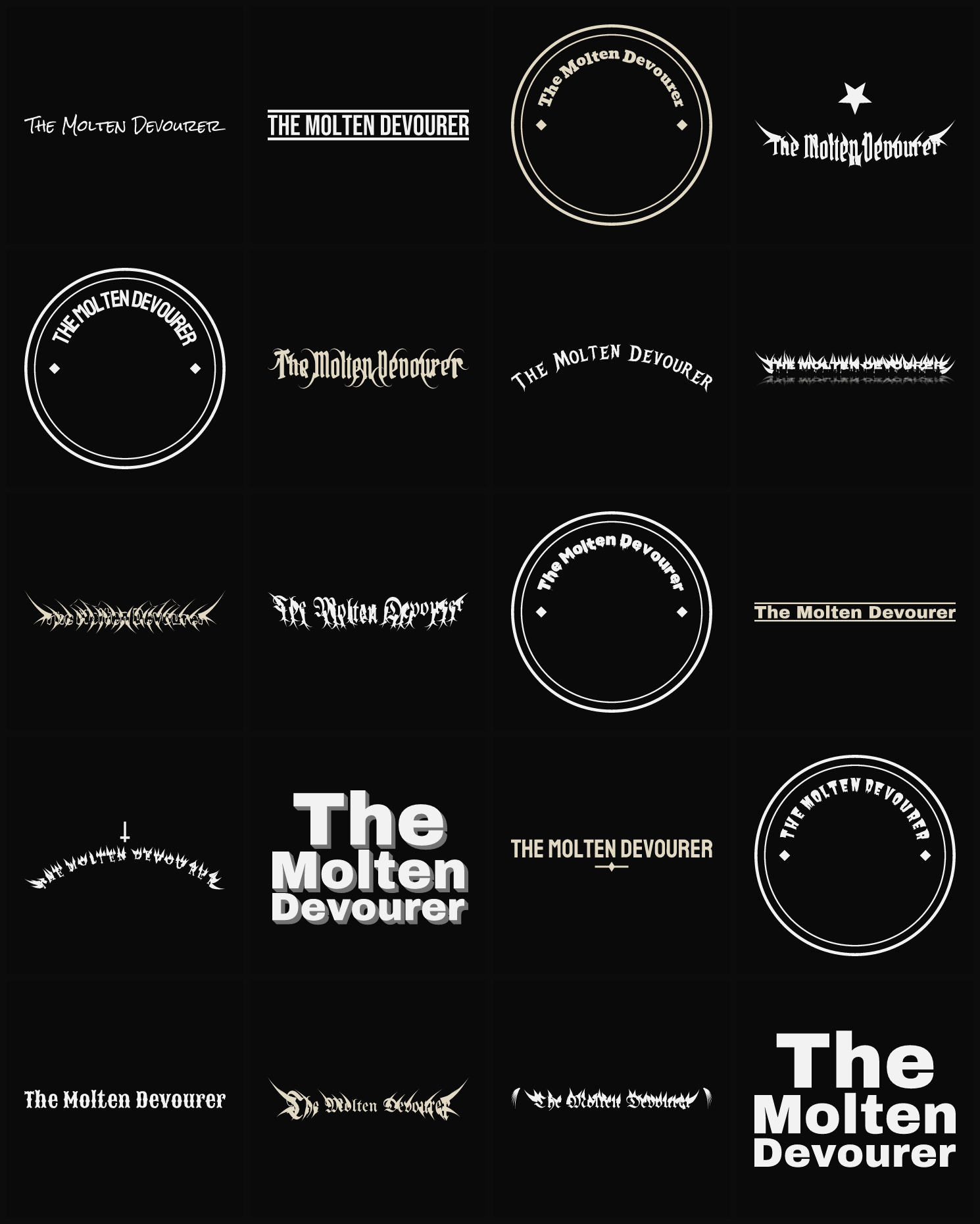 Twenty The Molten Devourer band logo ideas — different faces, treatments and spike settings
