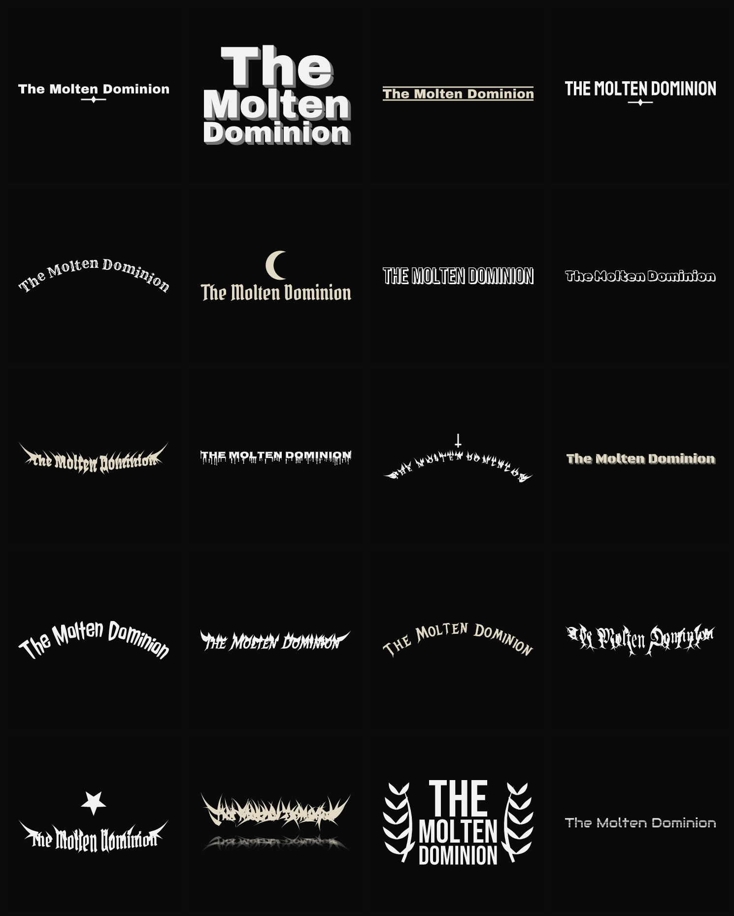 Twenty The Molten Dominion band logo ideas — different faces, treatments and spike settings