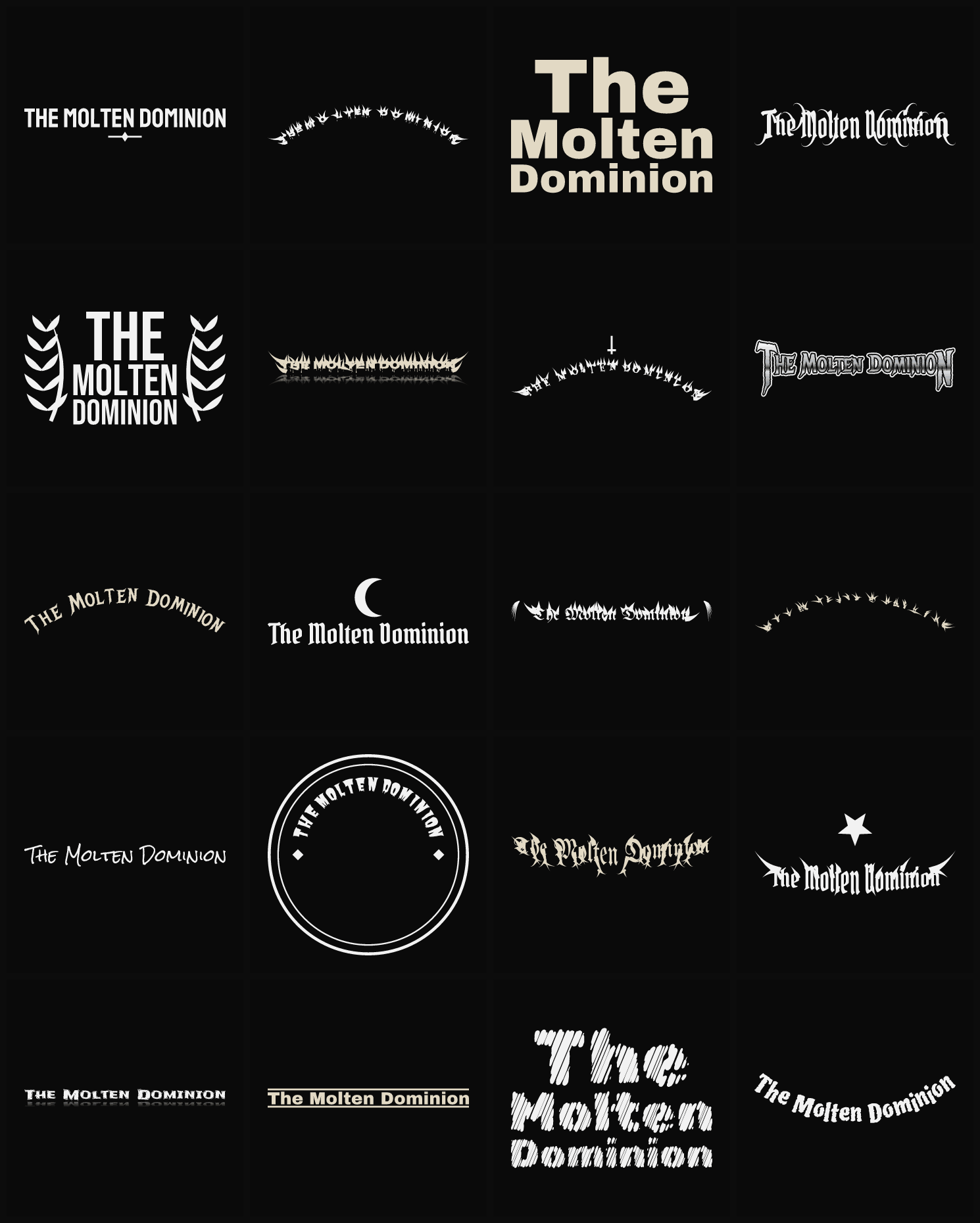 Twenty The Molten Dominion band logo ideas — different faces, treatments and spike settings