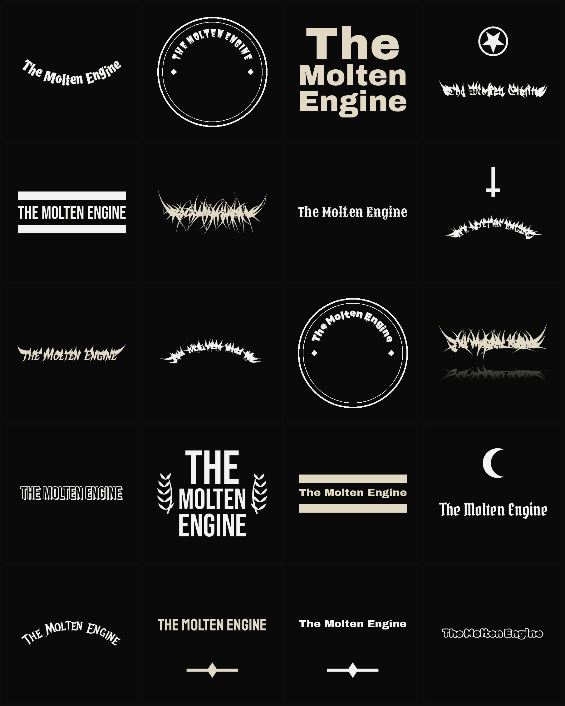 Twenty The Molten Engine band logo ideas — different faces, treatments and spike settings