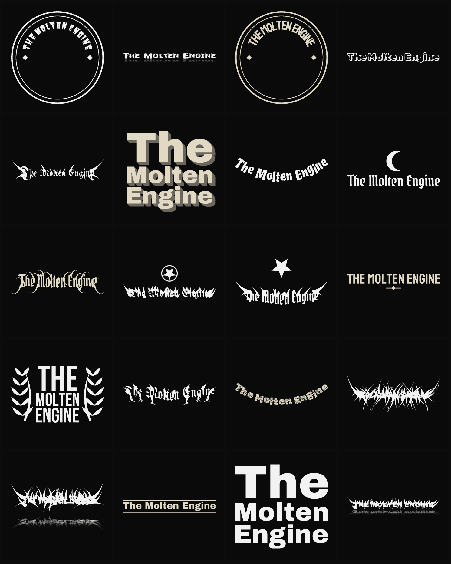 Twenty The Molten Engine band logo ideas — different faces, treatments and spike settings