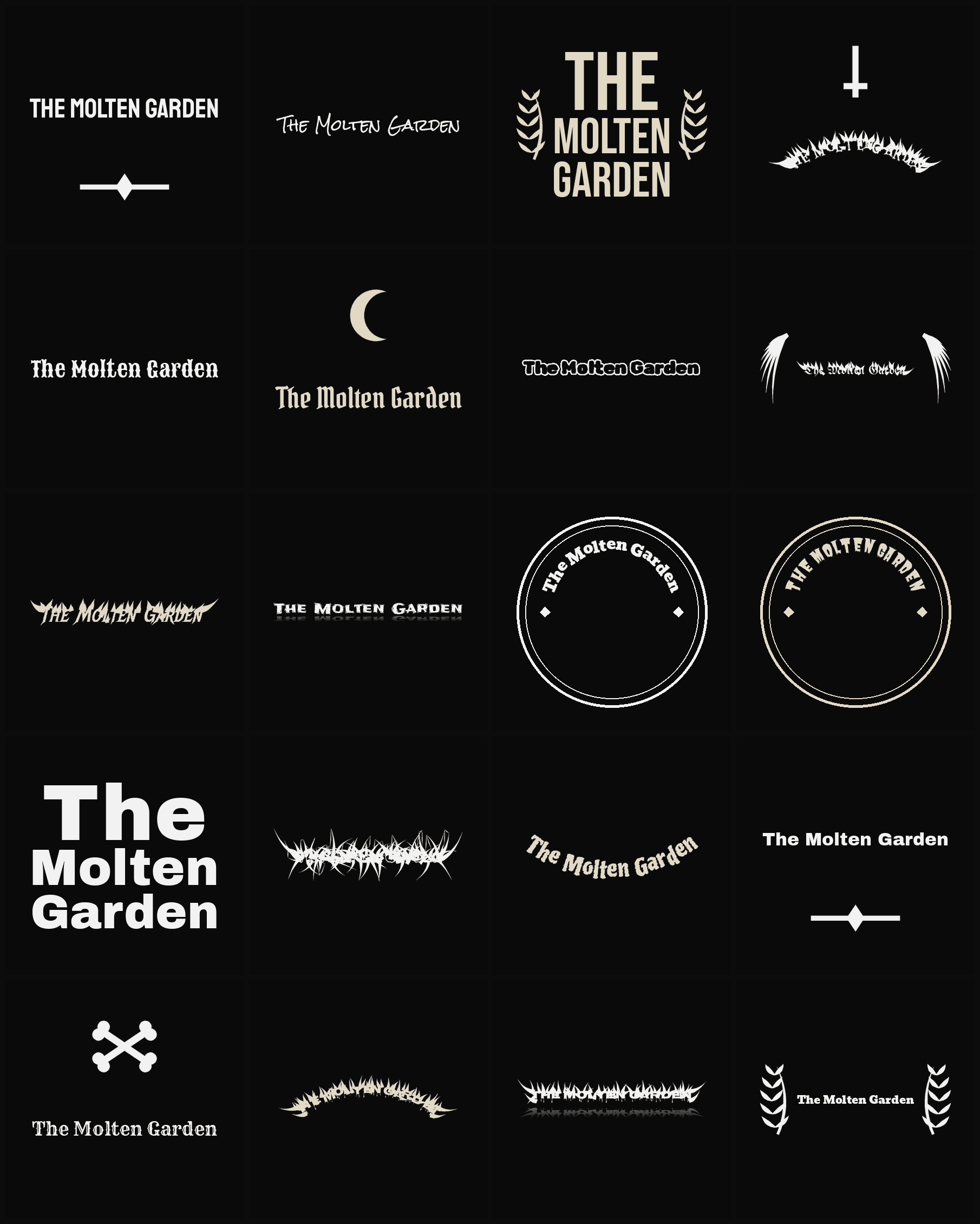 Twenty The Molten Garden band logo ideas — different faces, treatments and spike settings