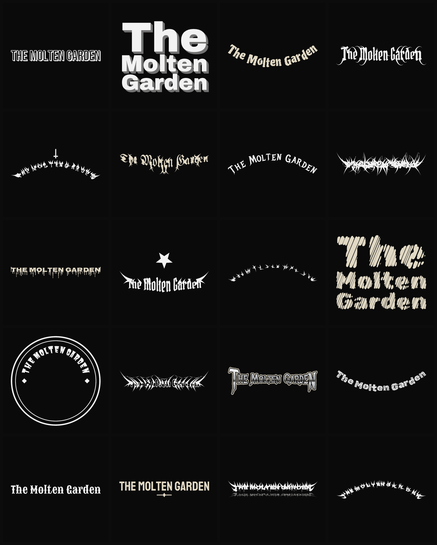 Twenty The Molten Garden band logo ideas — different faces, treatments and spike settings