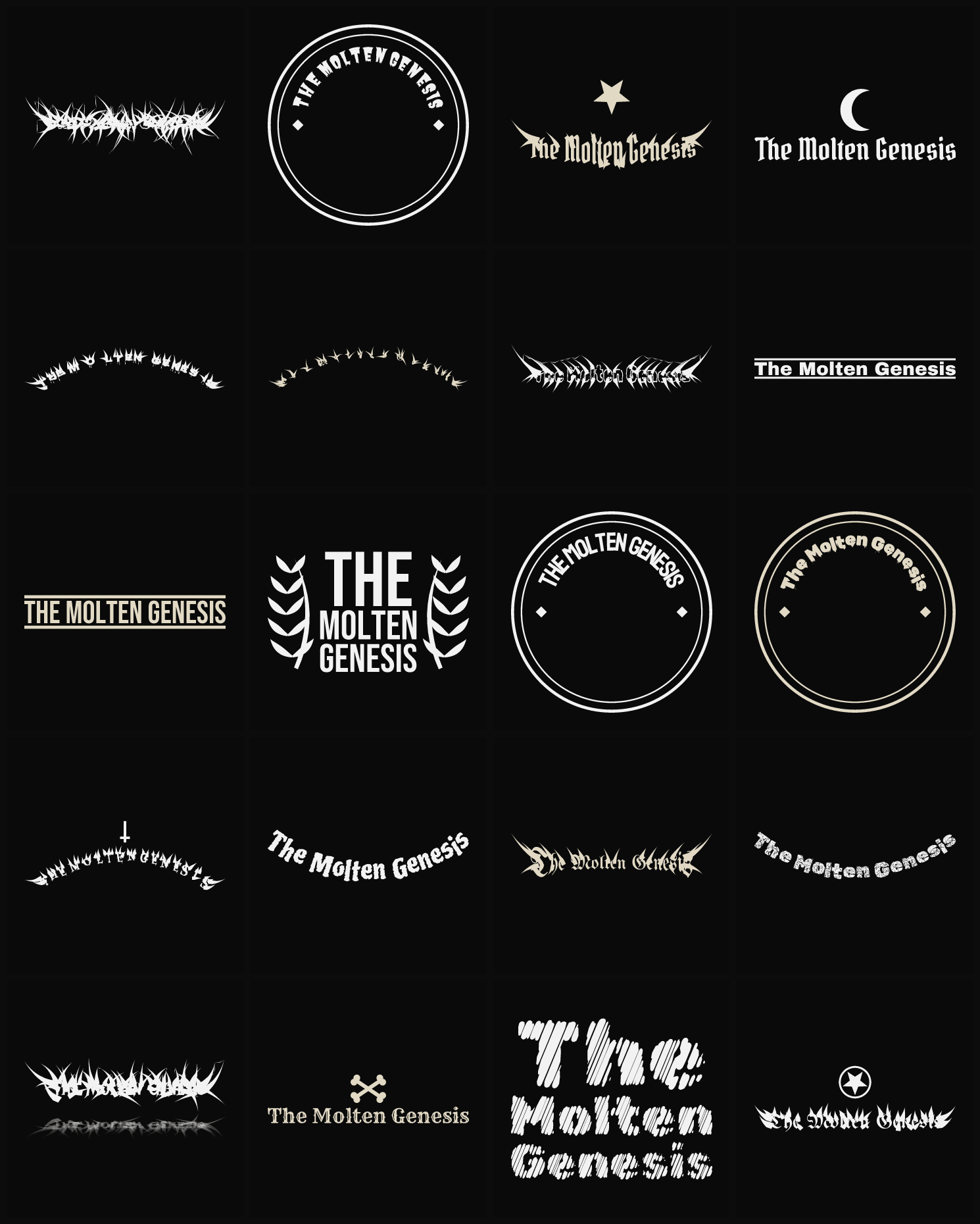 Twenty The Molten Genesis band logo ideas — different faces, treatments and spike settings