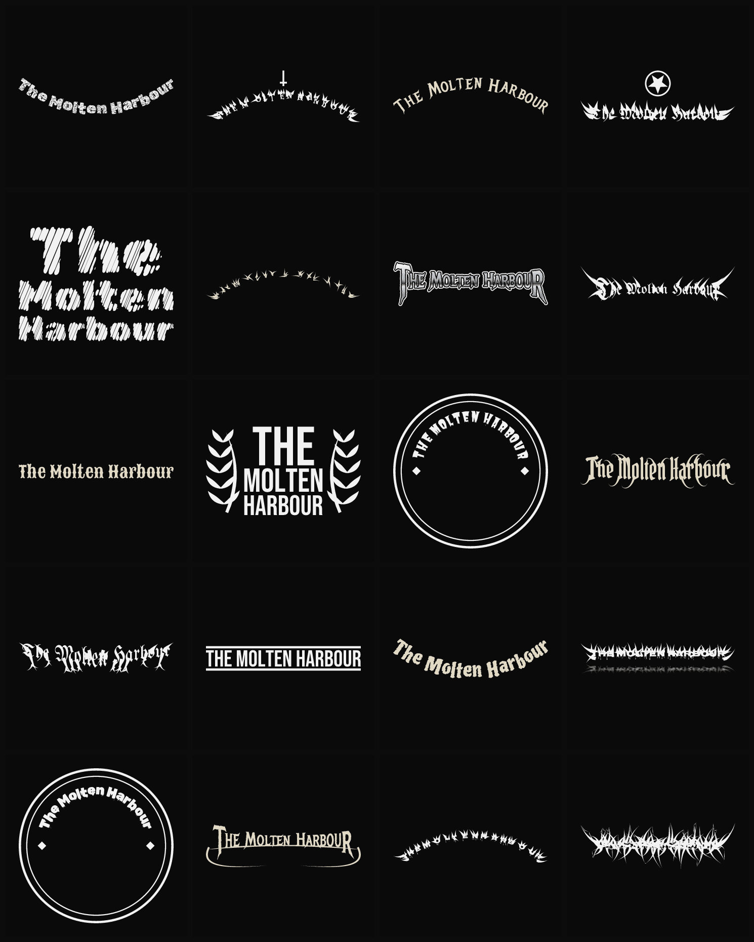 Twenty The Molten Harbour band logo ideas — different faces, treatments and spike settings