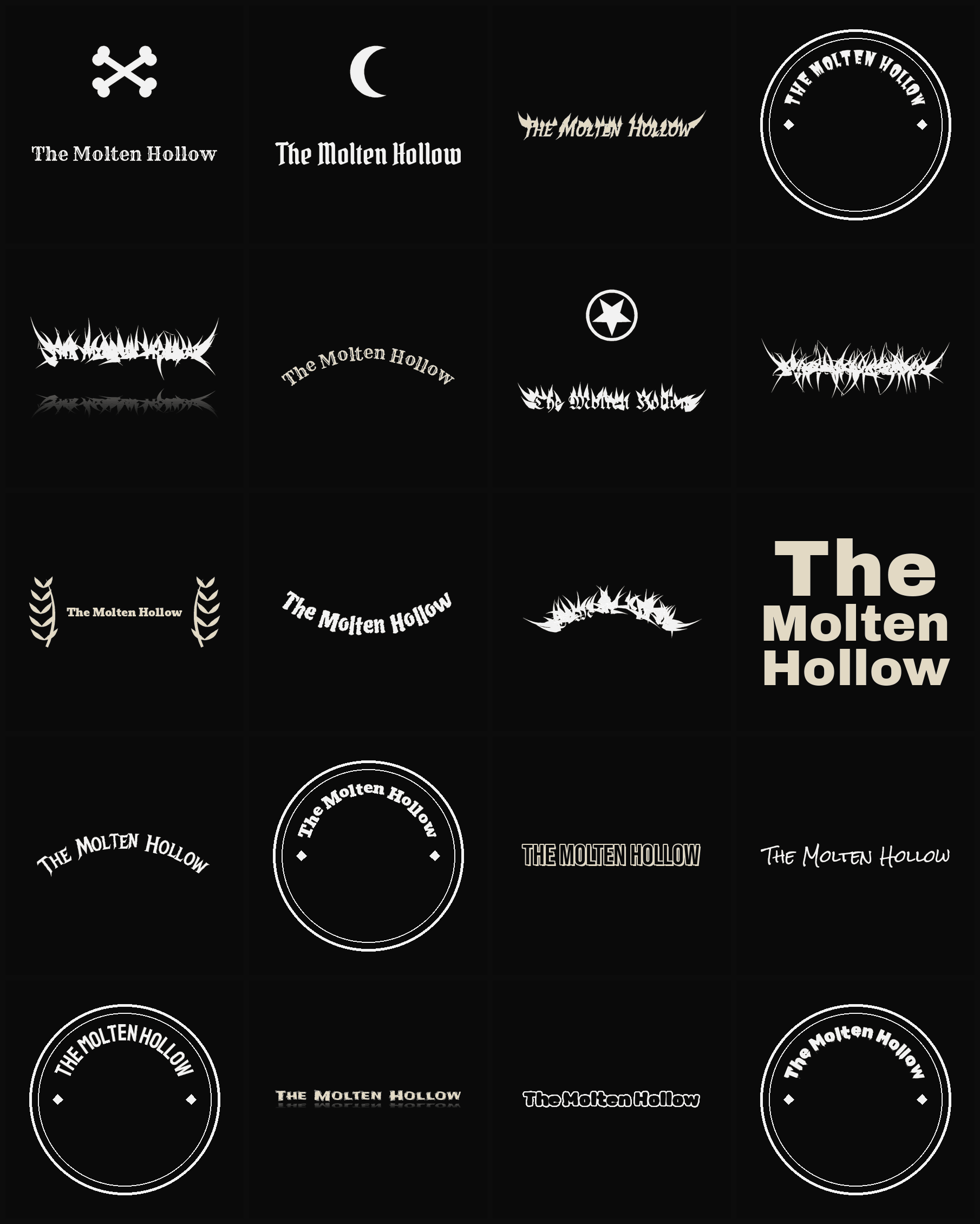 Twenty The Molten Hollow band logo ideas — different faces, treatments and spike settings