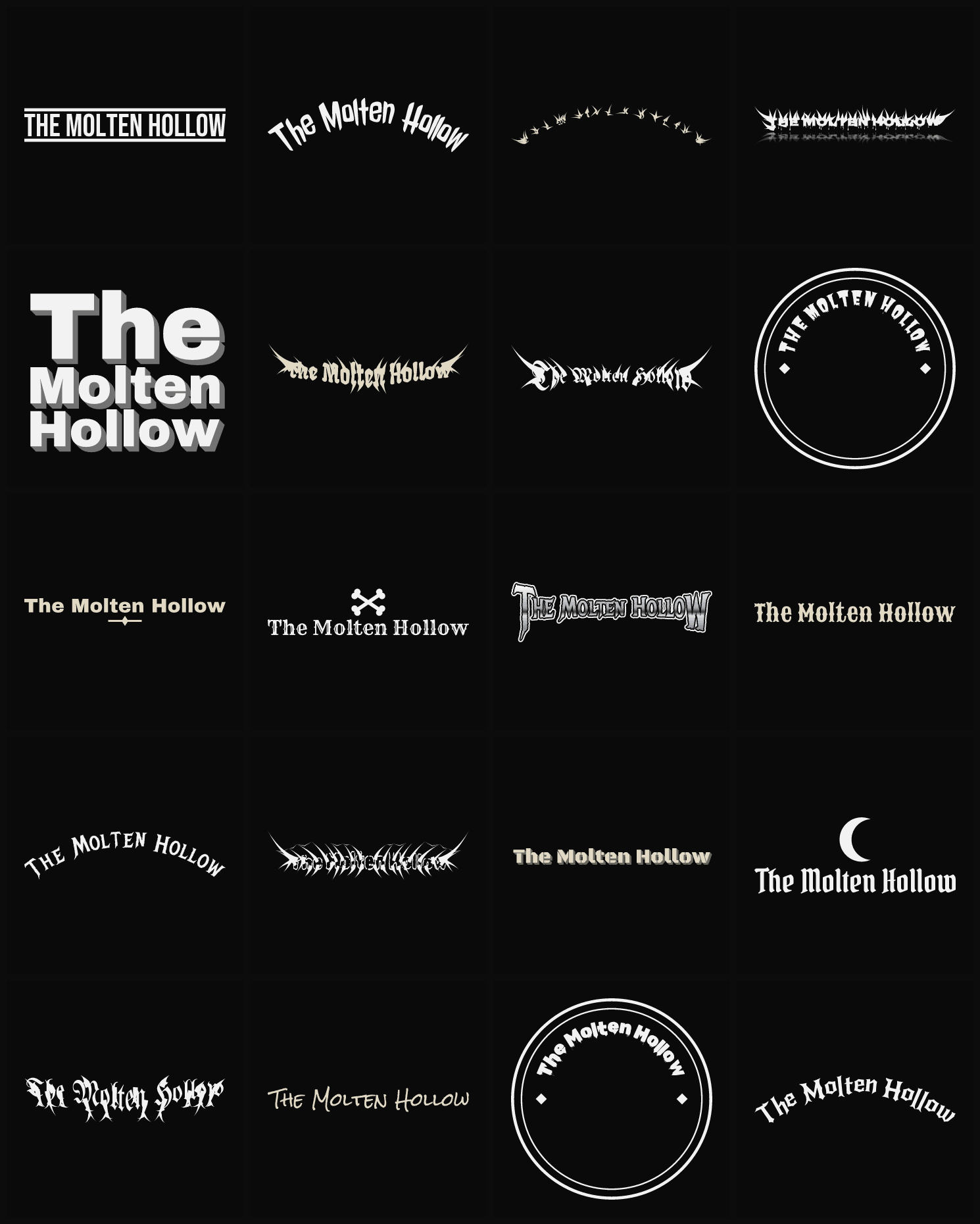 Twenty The Molten Hollow band logo ideas — different faces, treatments and spike settings