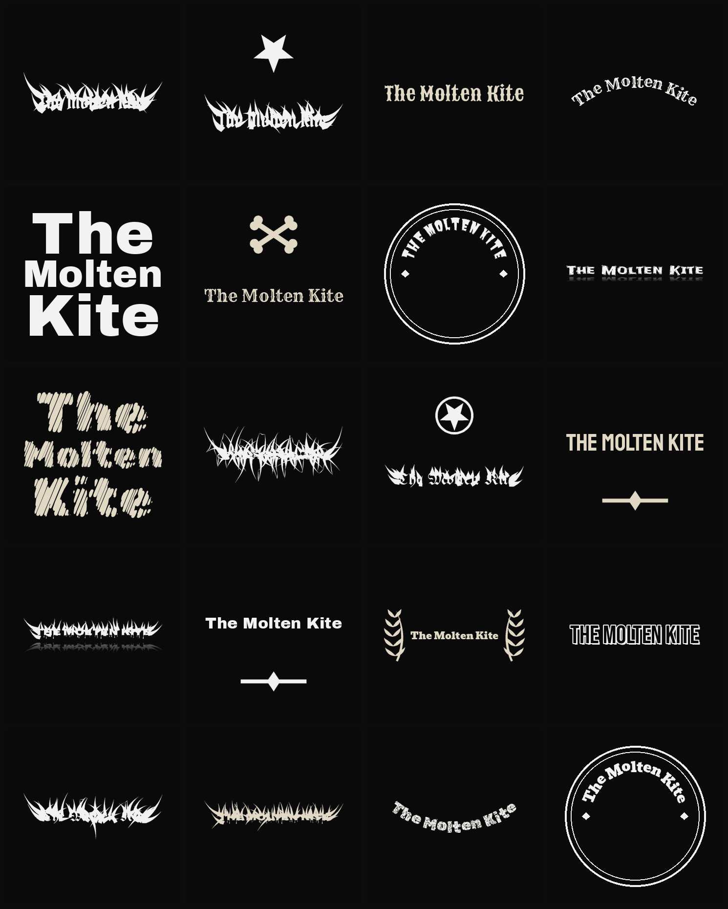 Twenty The Molten Kite band logo ideas — different faces, treatments and spike settings