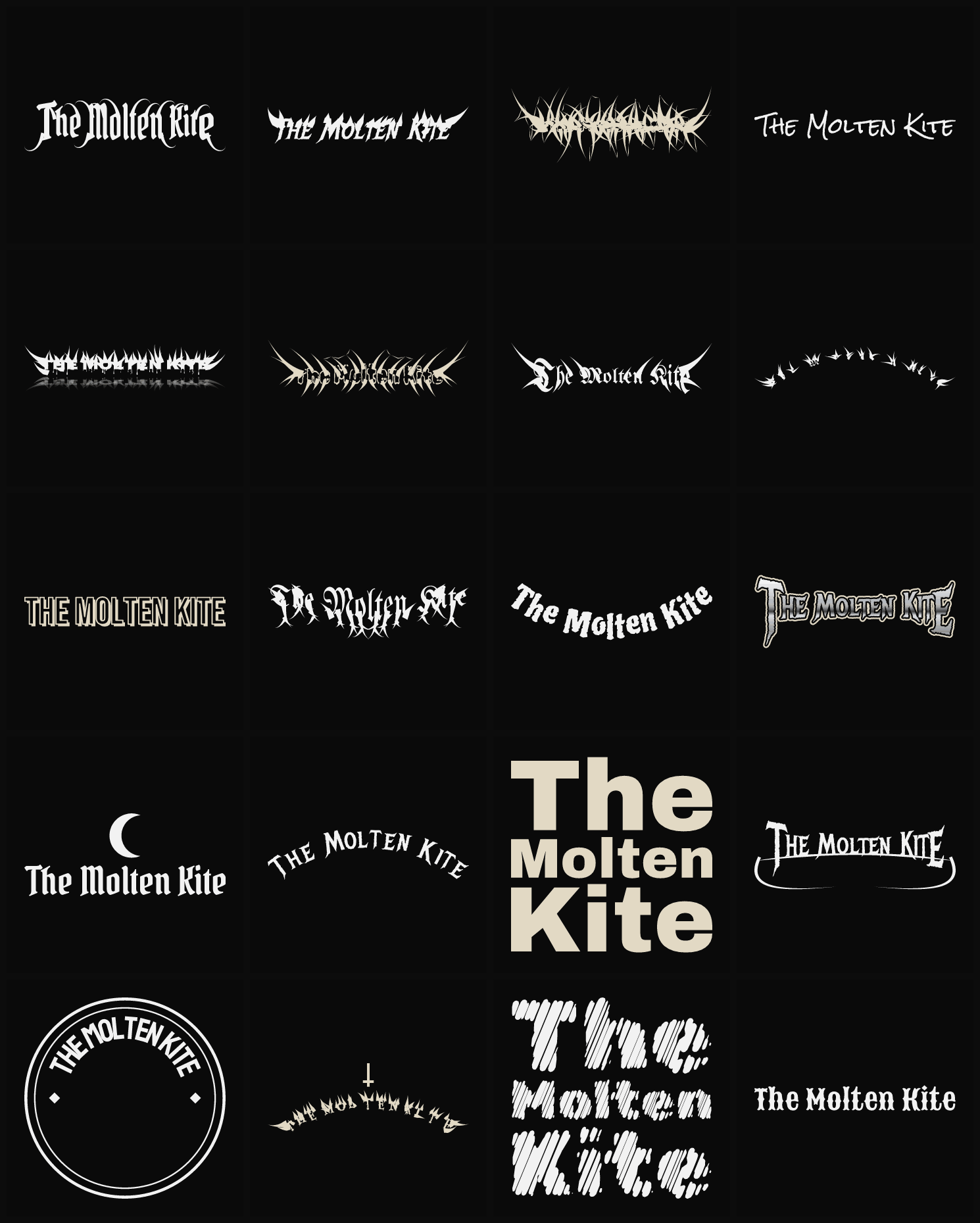 Twenty The Molten Kite band logo ideas — different faces, treatments and spike settings
