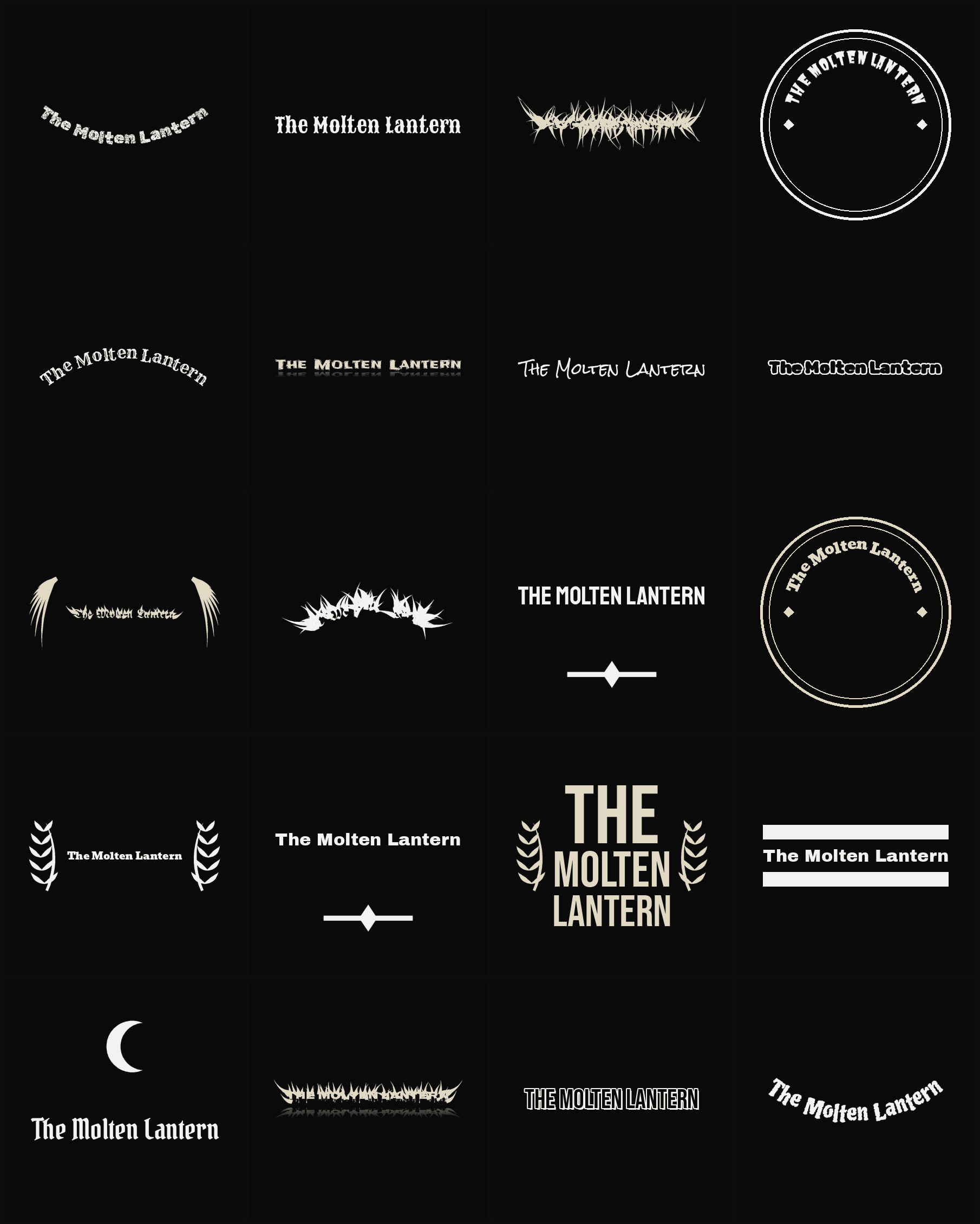 Twenty The Molten Lantern band logo ideas — different faces, treatments and spike settings