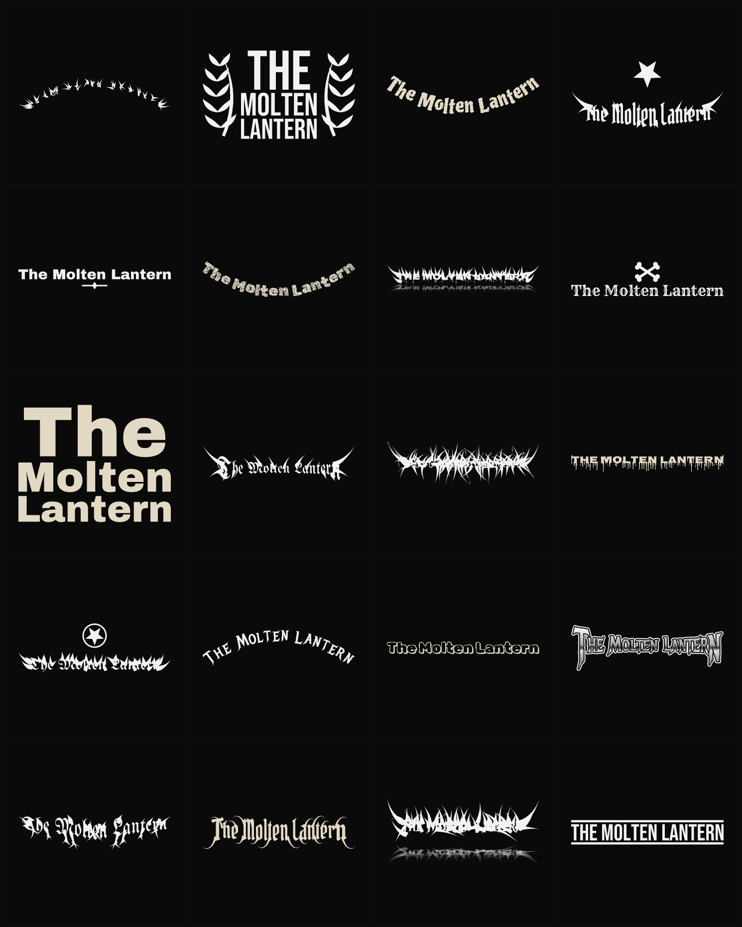 Twenty The Molten Lantern band logo ideas — different faces, treatments and spike settings