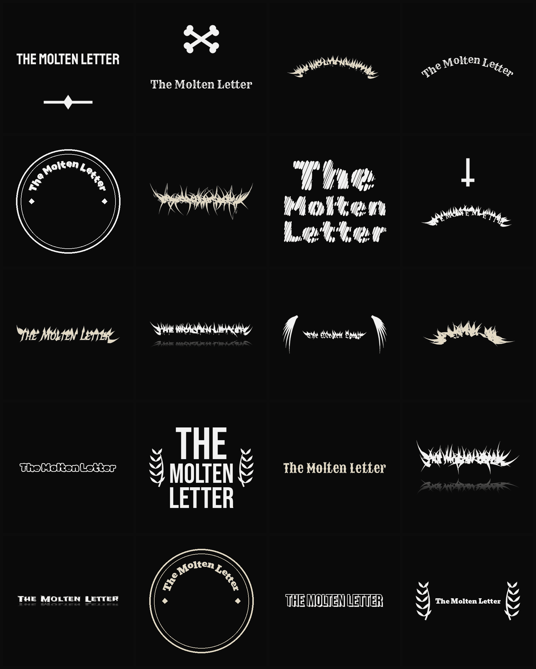 Twenty The Molten Letter band logo ideas — different faces, treatments and spike settings