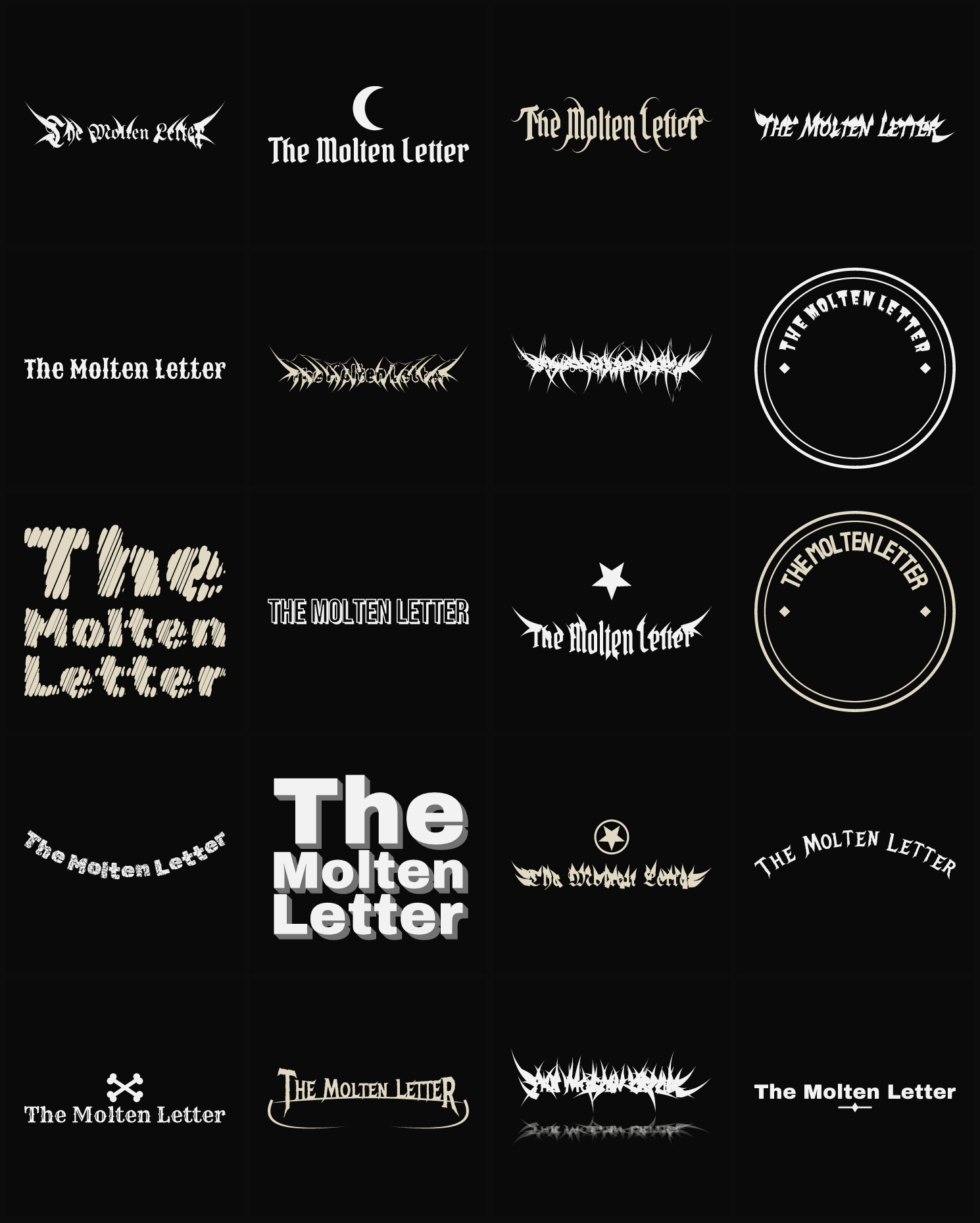 Twenty The Molten Letter band logo ideas — different faces, treatments and spike settings