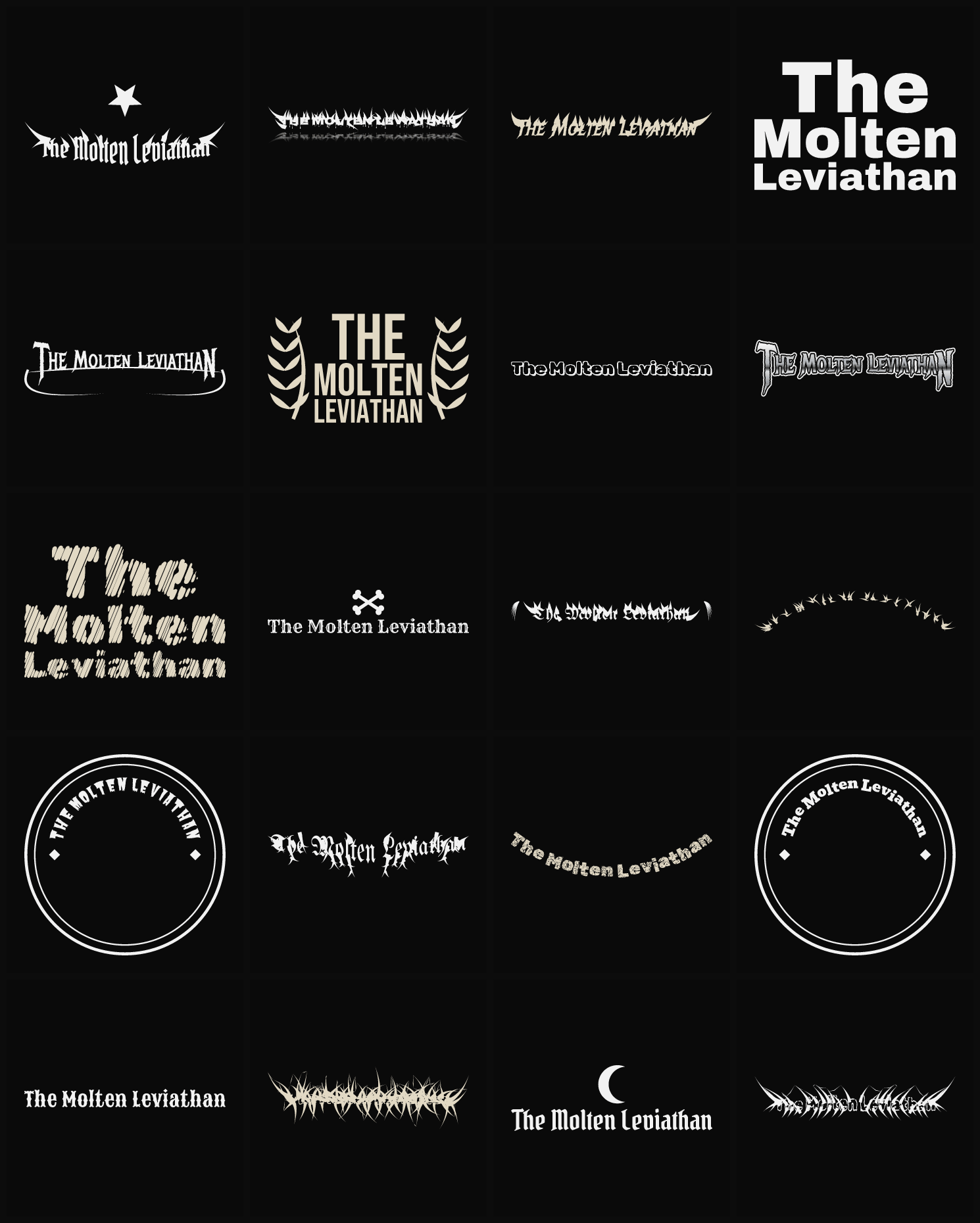 Twenty The Molten Leviathan band logo ideas — different faces, treatments and spike settings