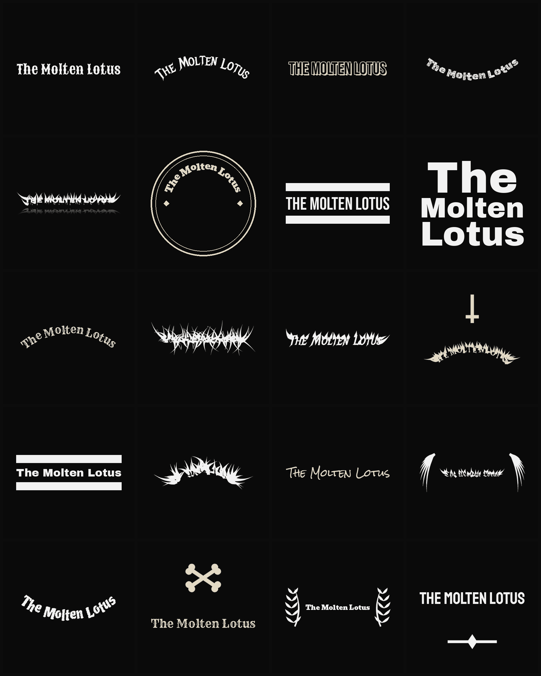 Twenty The Molten Lotus band logo ideas — different faces, treatments and spike settings