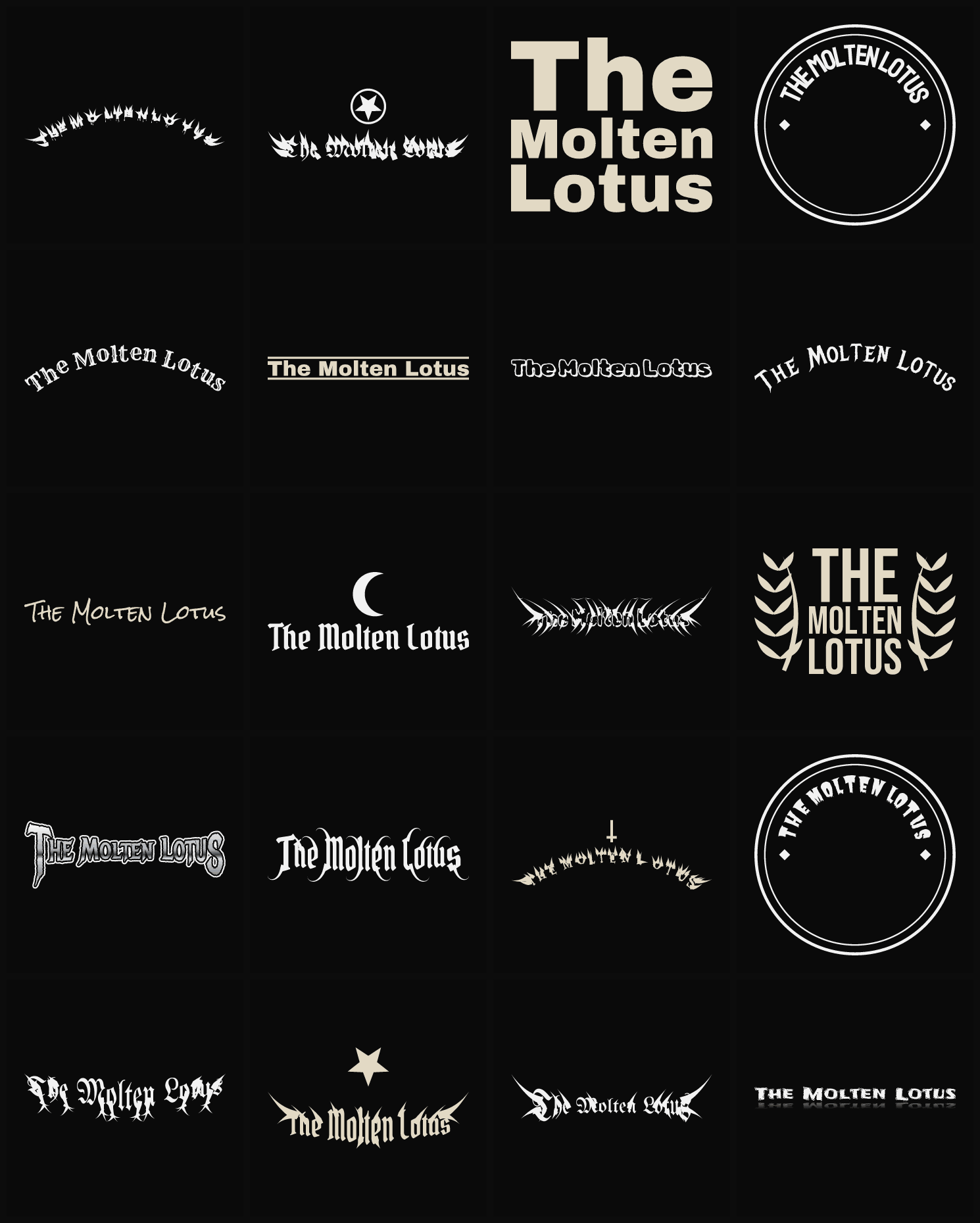 Twenty The Molten Lotus band logo ideas — different faces, treatments and spike settings