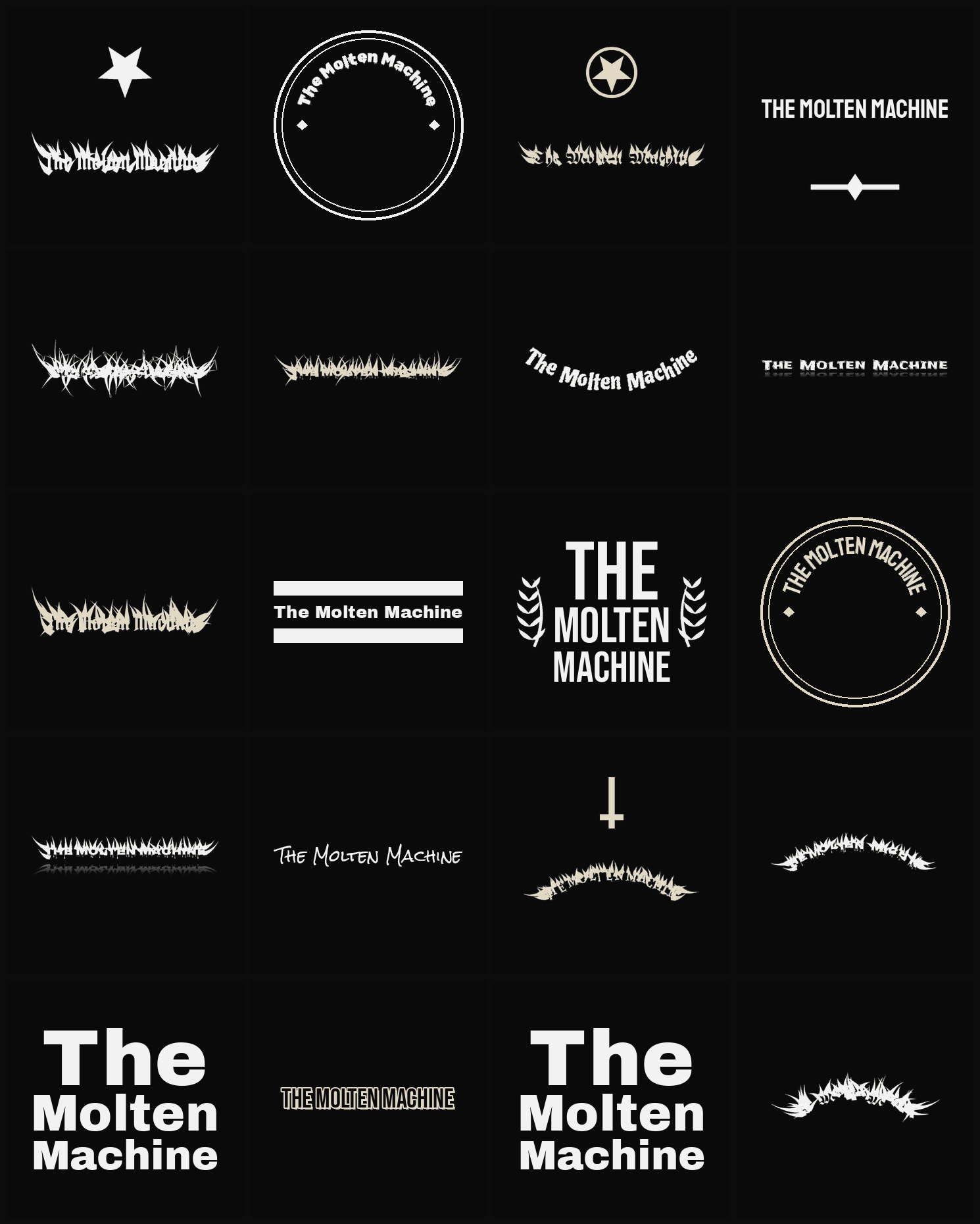 Twenty The Molten Machine band logo ideas — different faces, treatments and spike settings