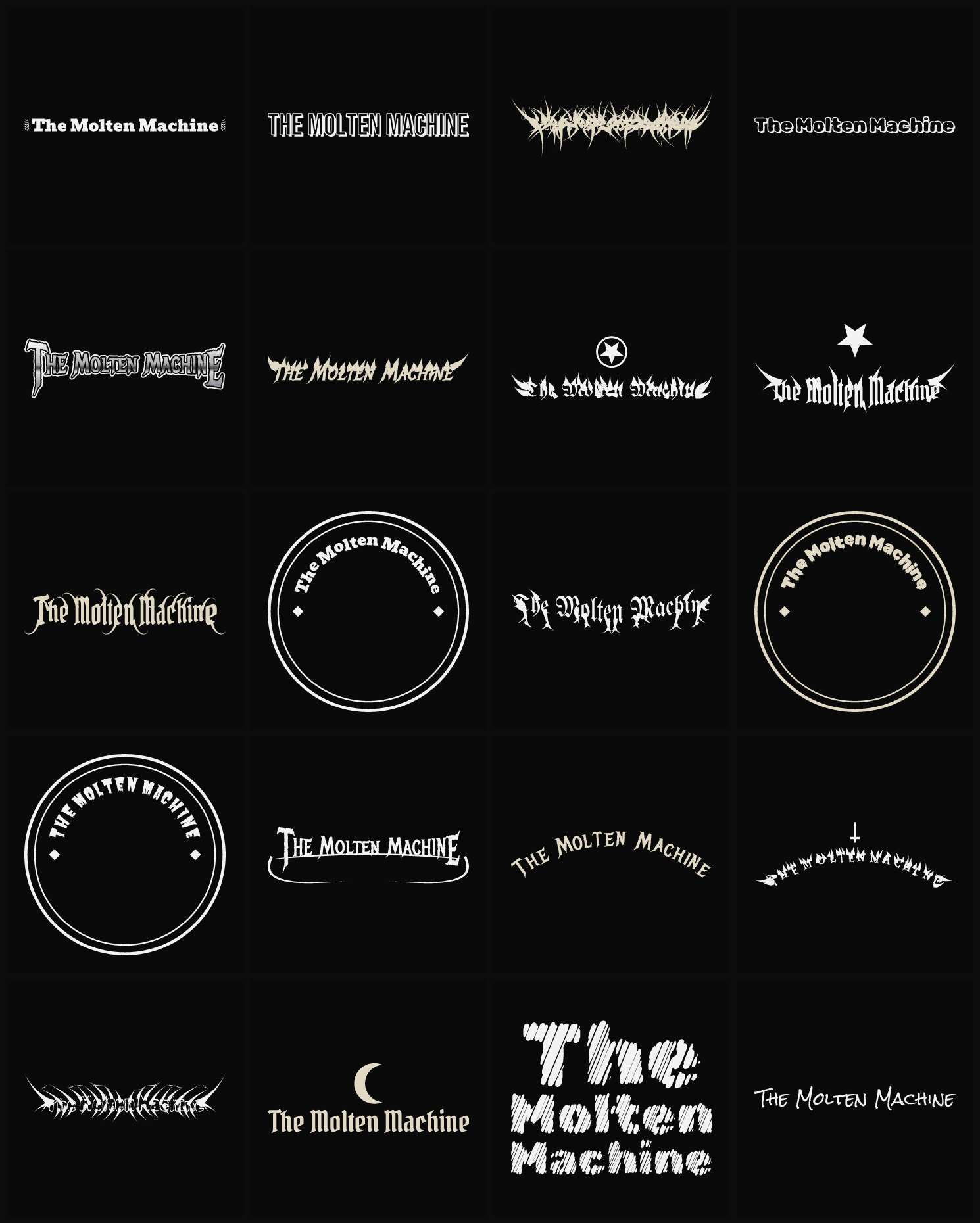 Twenty The Molten Machine band logo ideas — different faces, treatments and spike settings