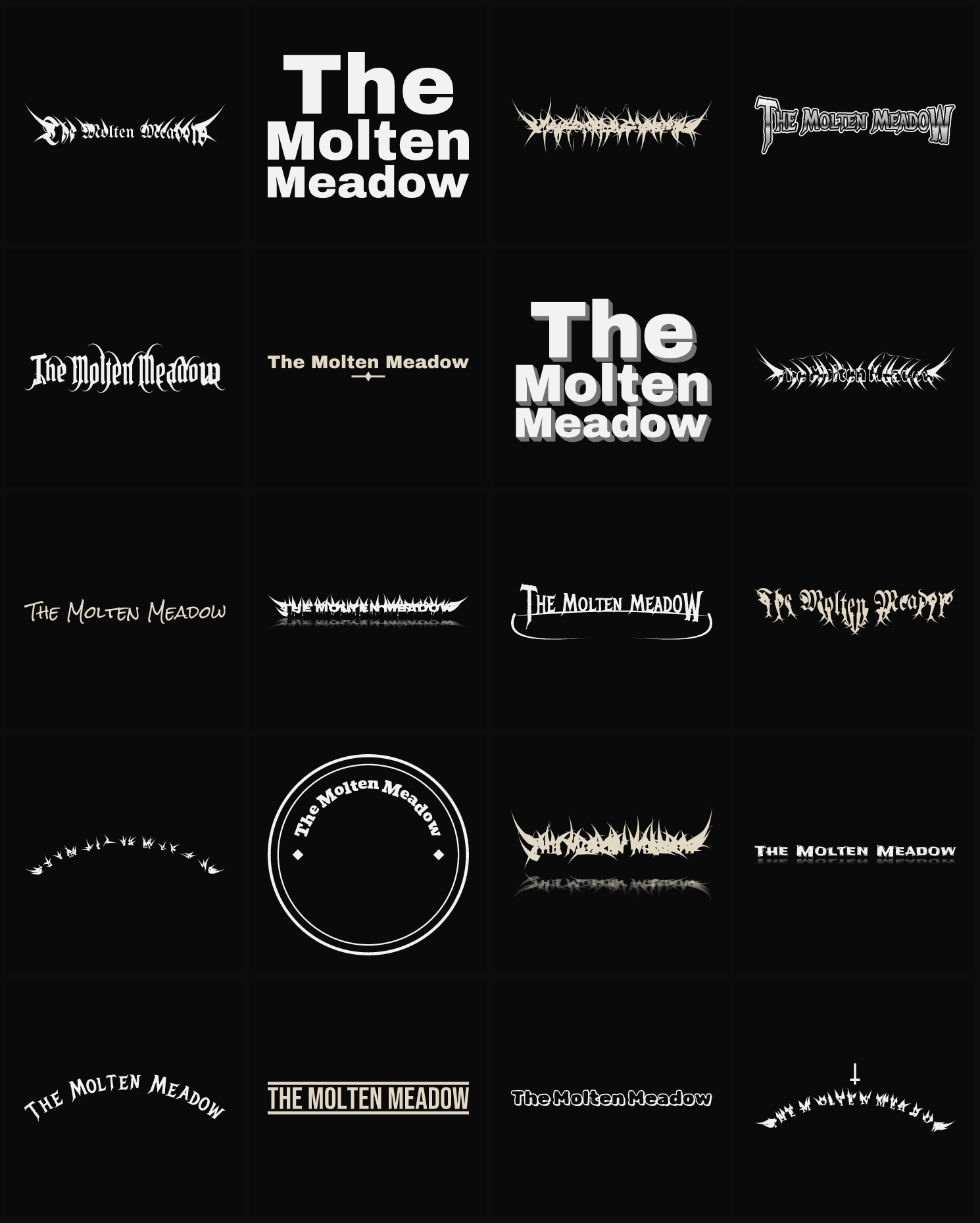 Twenty The Molten Meadow band logo ideas — different faces, treatments and spike settings