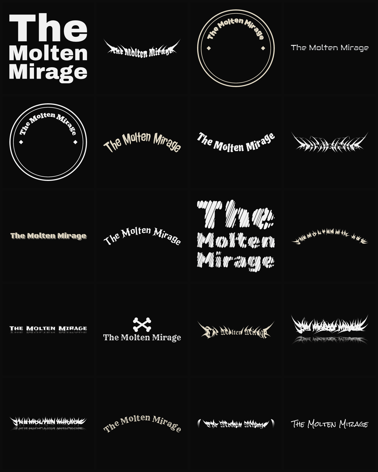 Twenty The Molten Mirage band logo ideas — different faces, treatments and spike settings