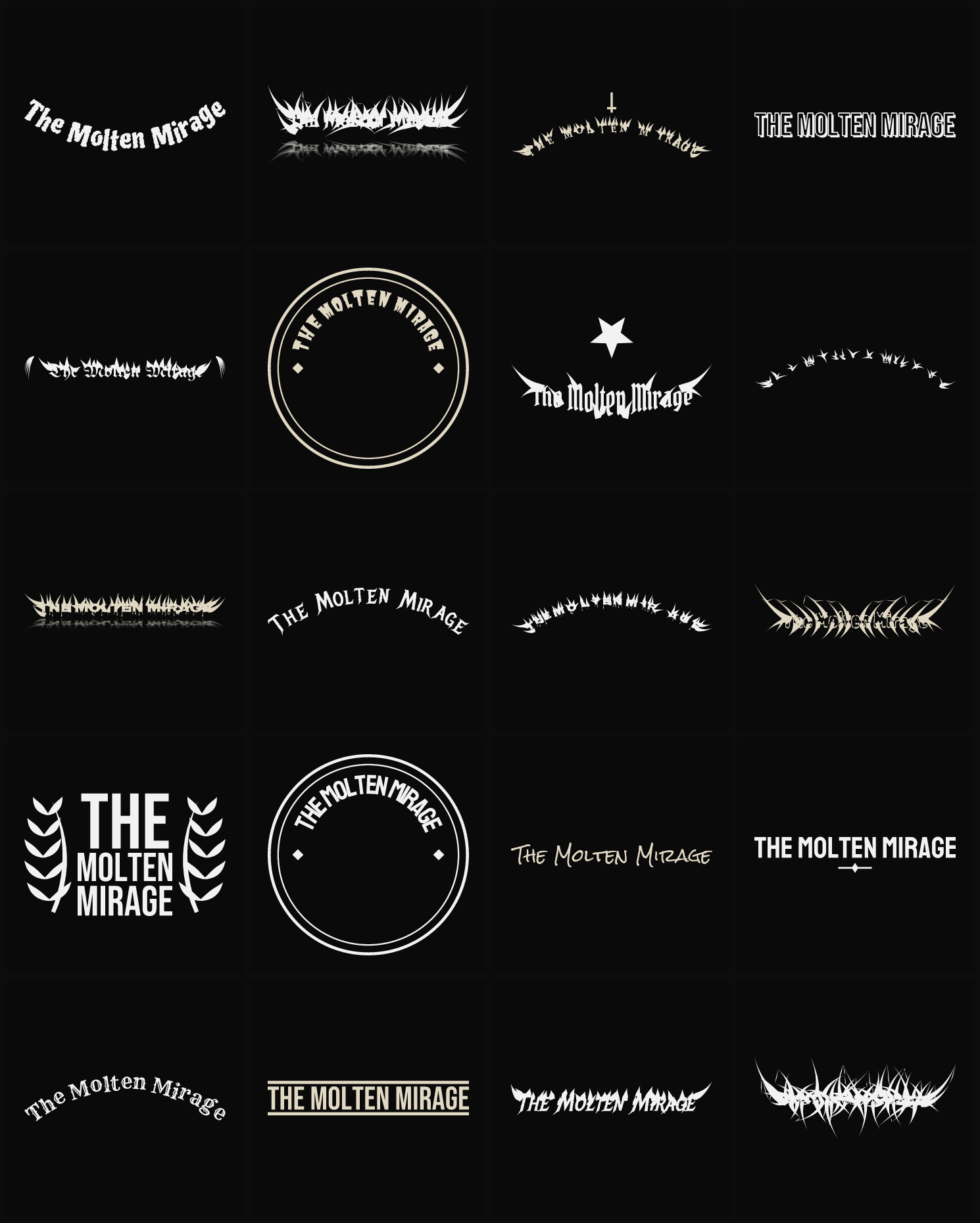 Twenty The Molten Mirage band logo ideas — different faces, treatments and spike settings