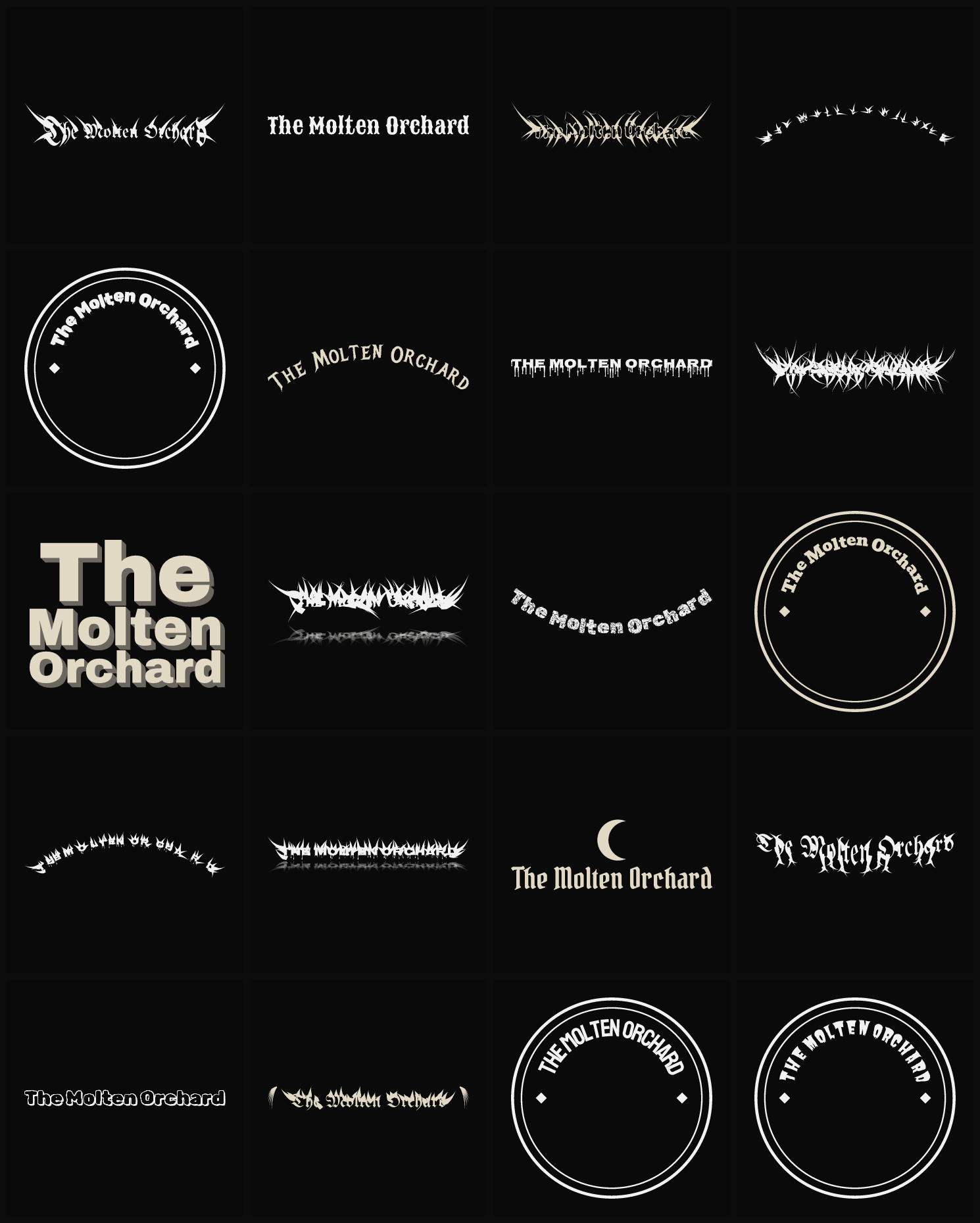 Twenty The Molten Orchard band logo ideas — different faces, treatments and spike settings