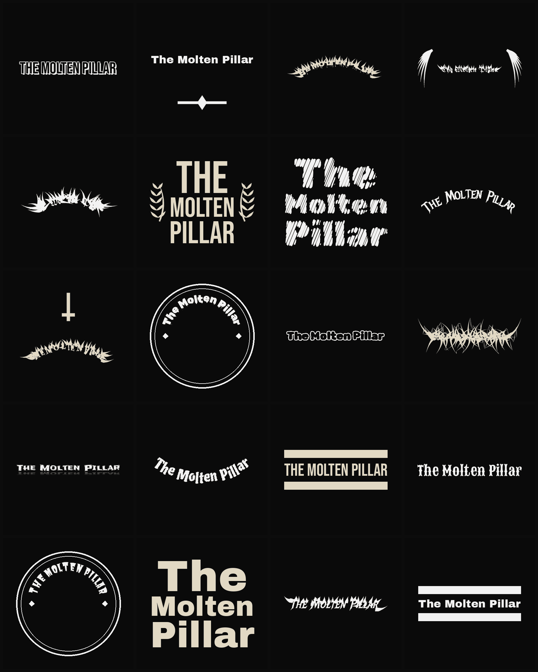Twenty The Molten Pillar band logo ideas — different faces, treatments and spike settings