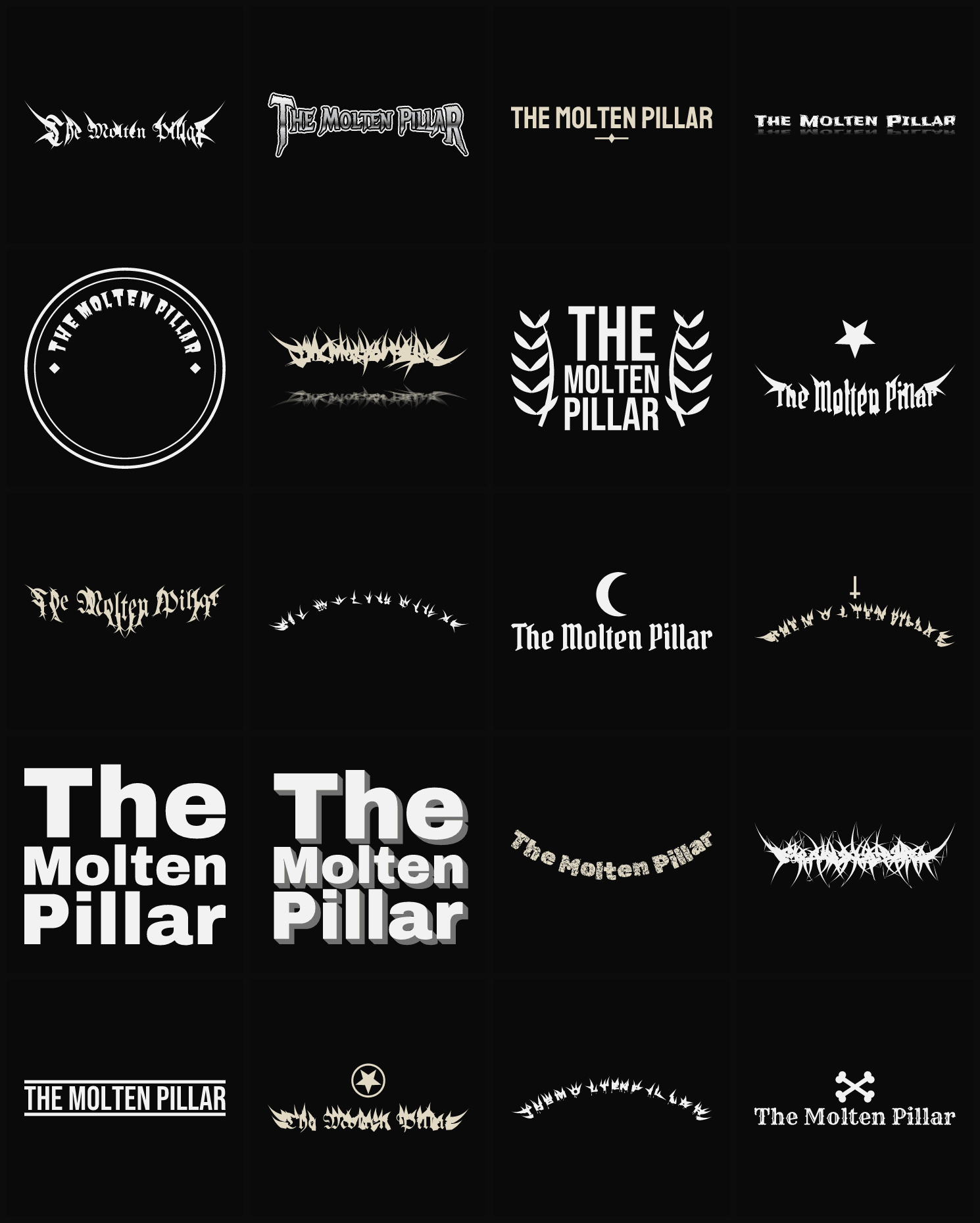 Twenty The Molten Pillar band logo ideas — different faces, treatments and spike settings