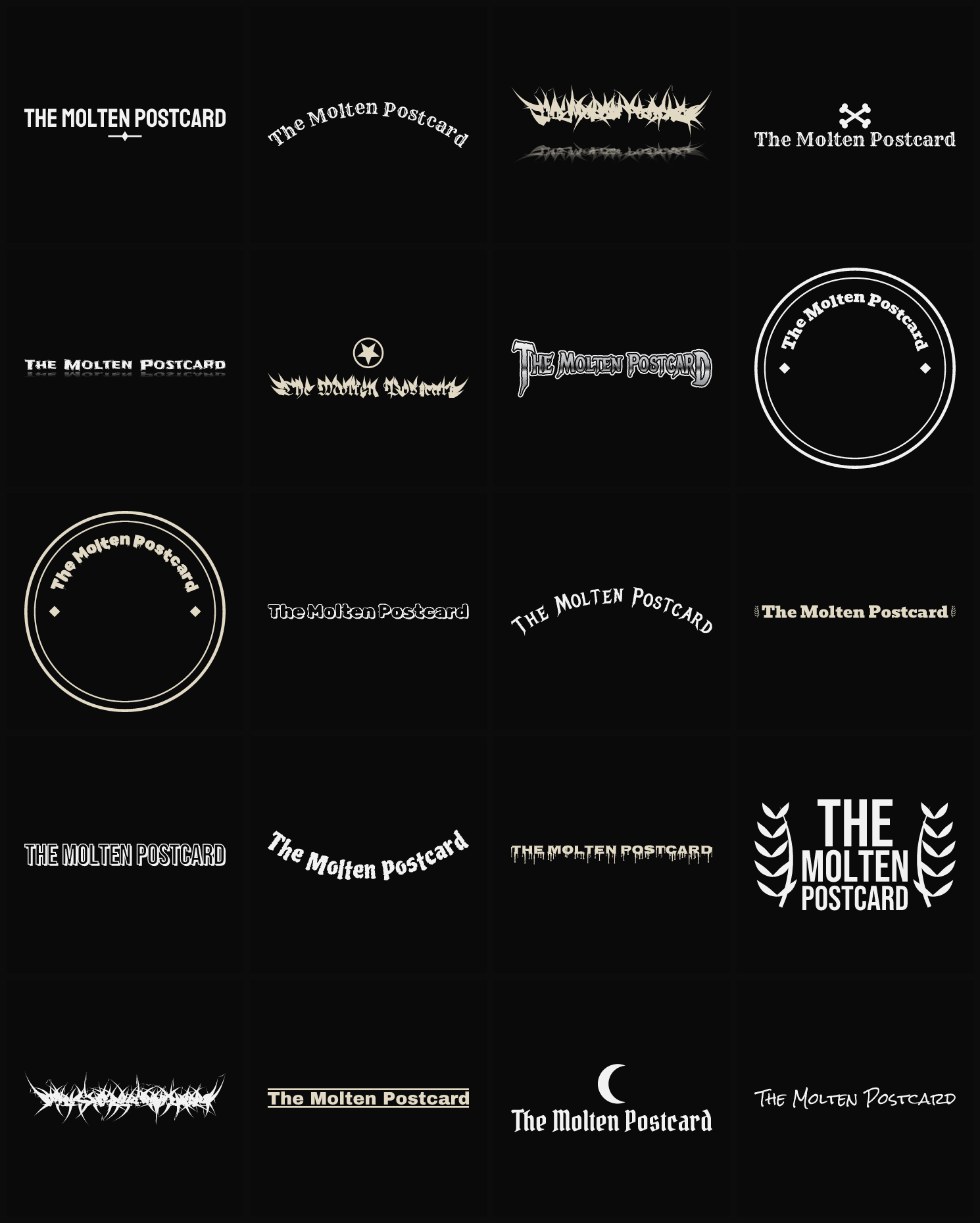 Twenty The Molten Postcard band logo ideas — different faces, treatments and spike settings
