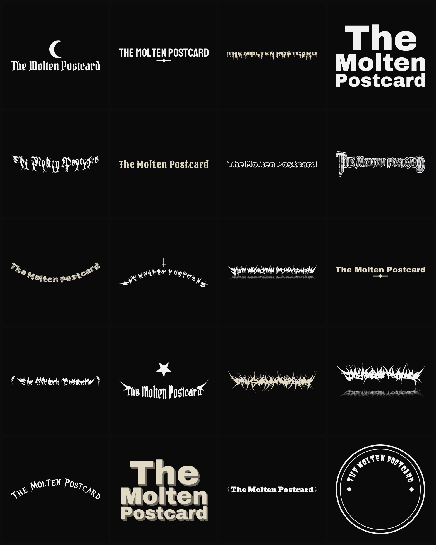 Twenty The Molten Postcard band logo ideas — different faces, treatments and spike settings