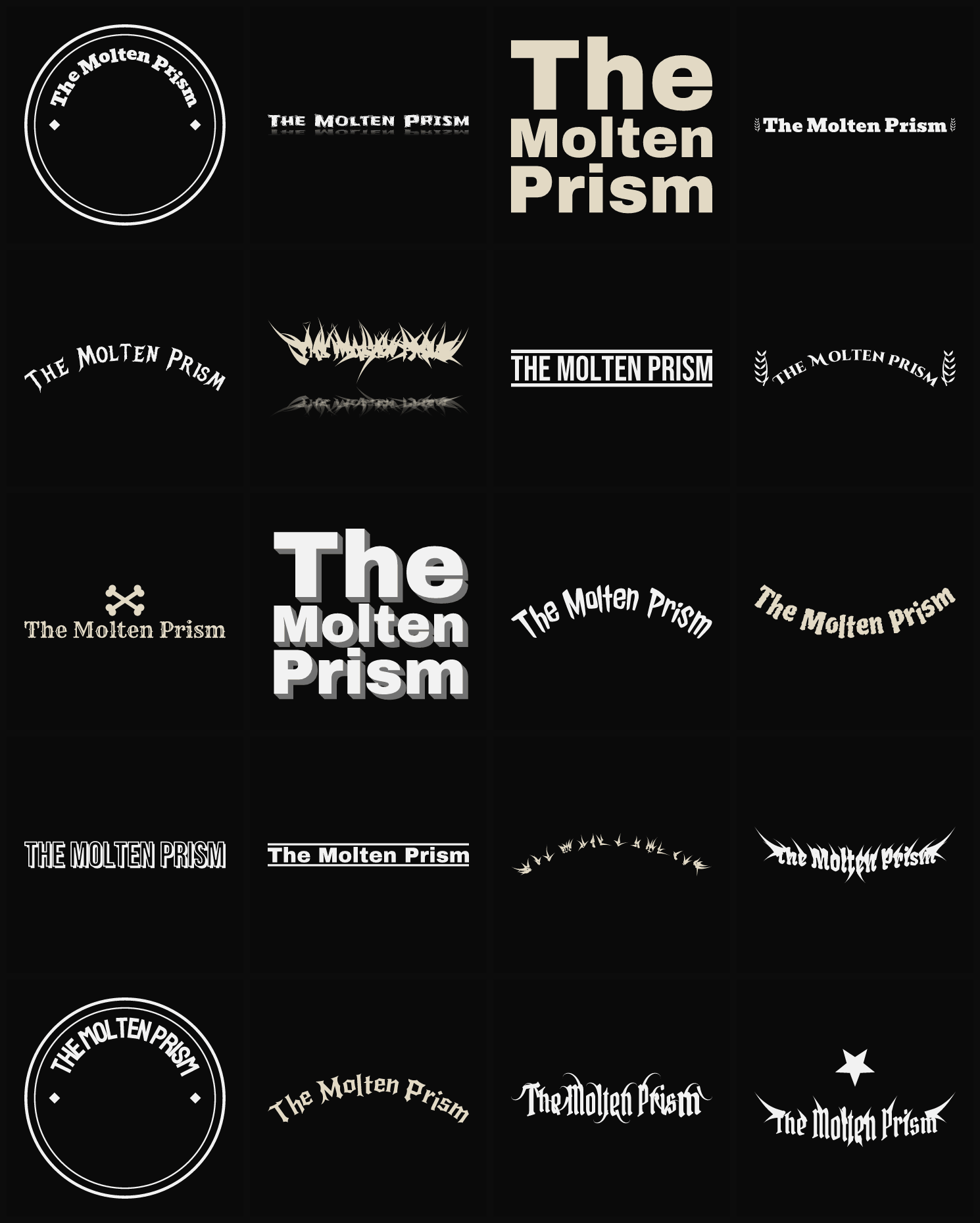 Twenty The Molten Prism band logo ideas — different faces, treatments and spike settings