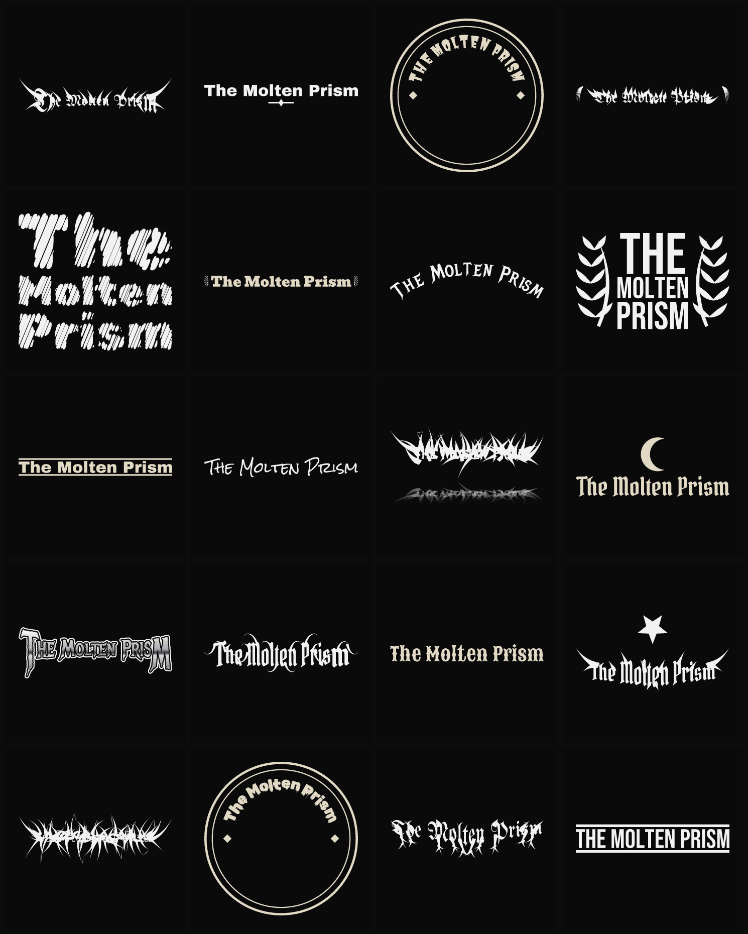 Twenty The Molten Prism band logo ideas — different faces, treatments and spike settings