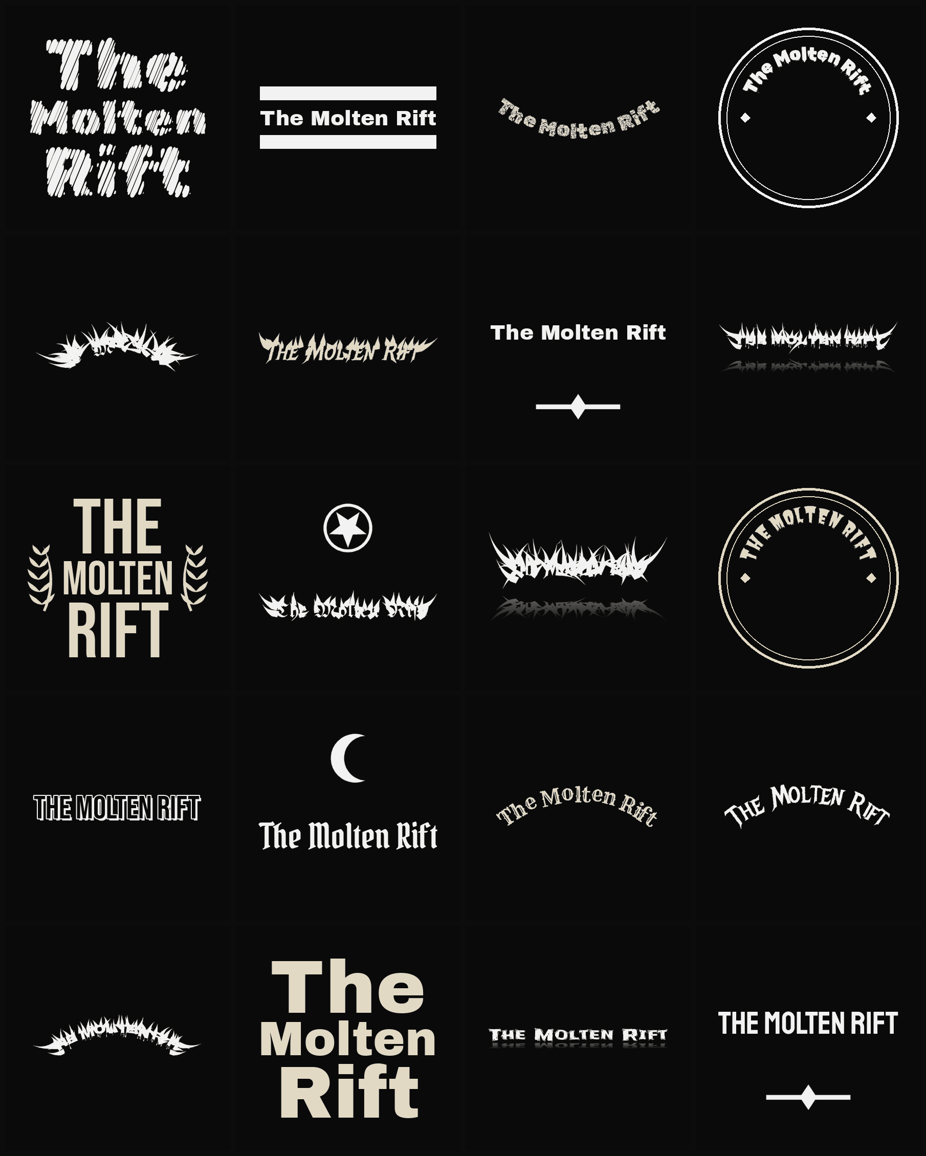 Twenty The Molten Rift band logo ideas — different faces, treatments and spike settings