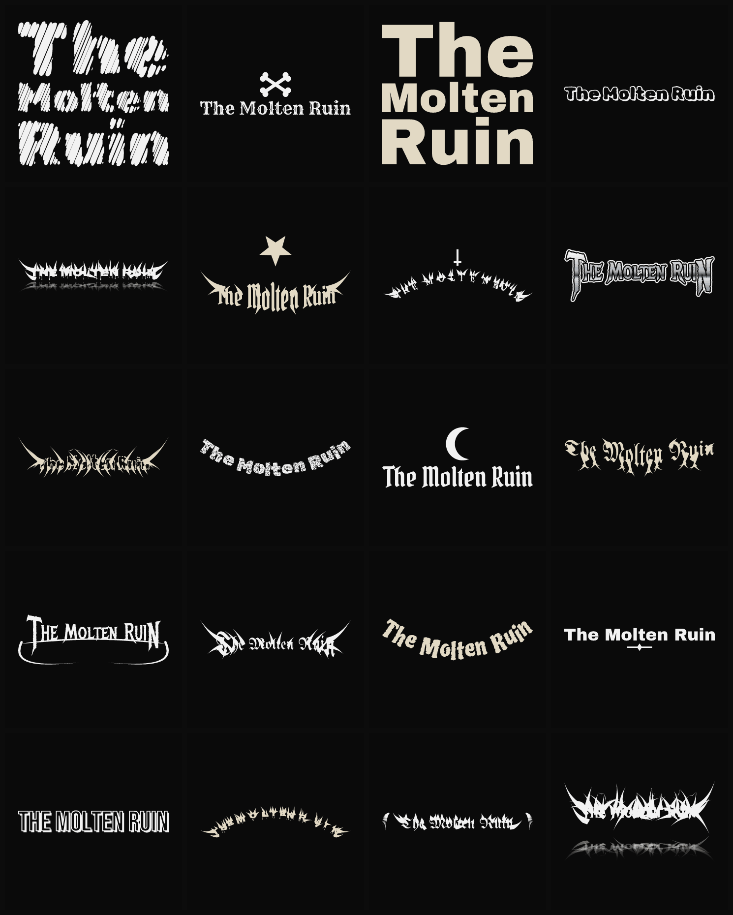 Twenty The Molten Ruin band logo ideas — different faces, treatments and spike settings