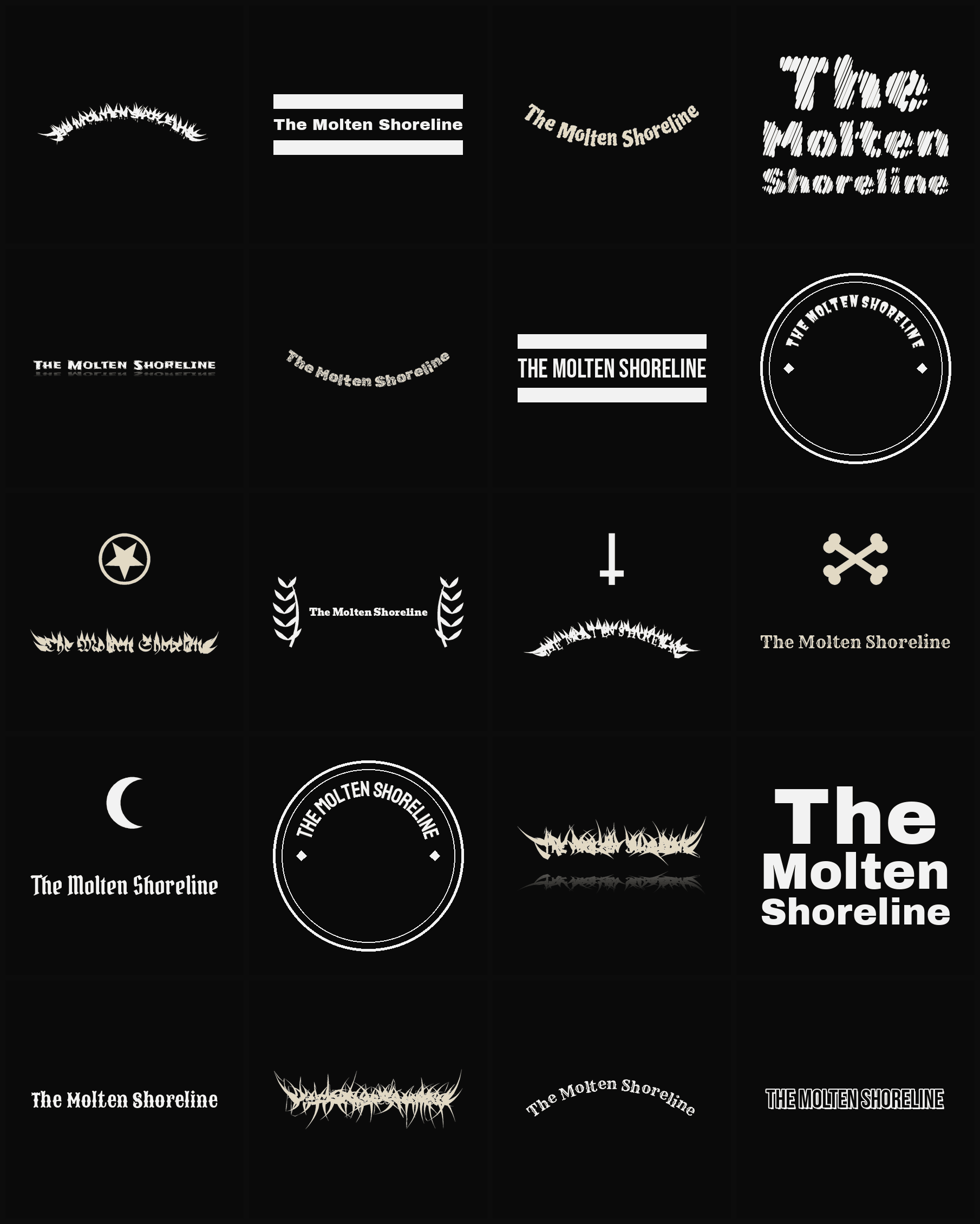 Twenty The Molten Shoreline band logo ideas — different faces, treatments and spike settings