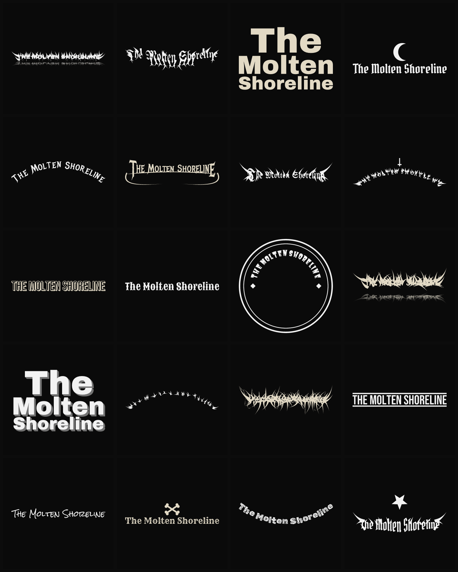 Twenty The Molten Shoreline band logo ideas — different faces, treatments and spike settings